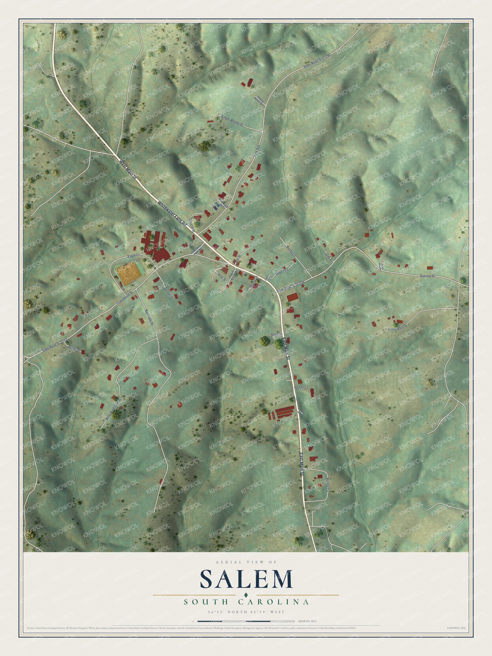 Full map of Salem, South Carolina, with red buildings, printed street names and the land around them