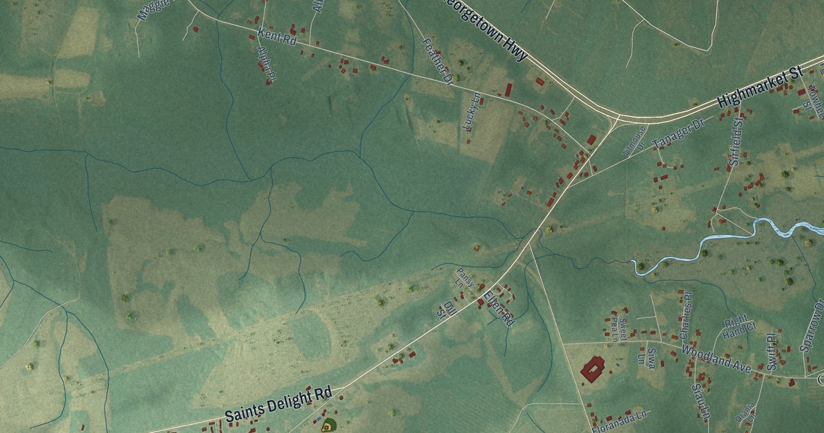 Close-up of streets and buildings in Sampit, South Carolina