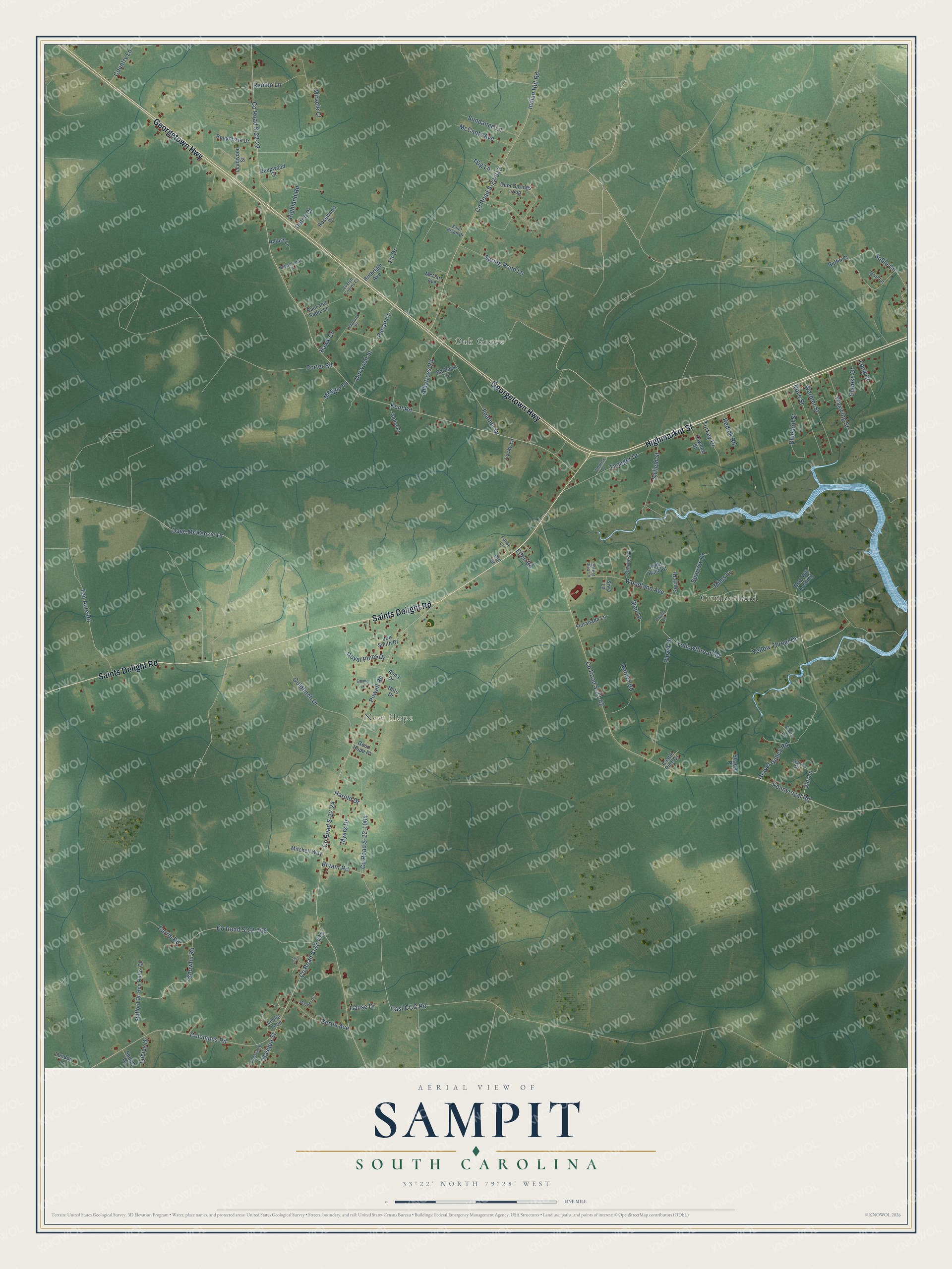 Full map of Sampit, South Carolina, with red buildings, printed street names and the land around them