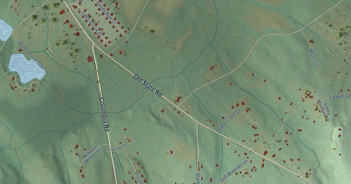 Close-up of streets and buildings in Sandy Run, South Carolina