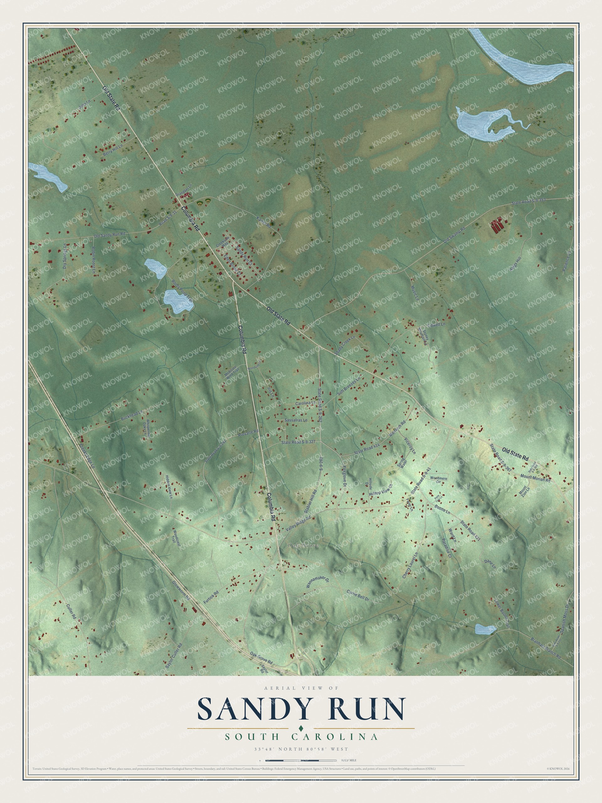 Full map of Sandy Run, South Carolina, with red buildings, printed street names and the land around them
