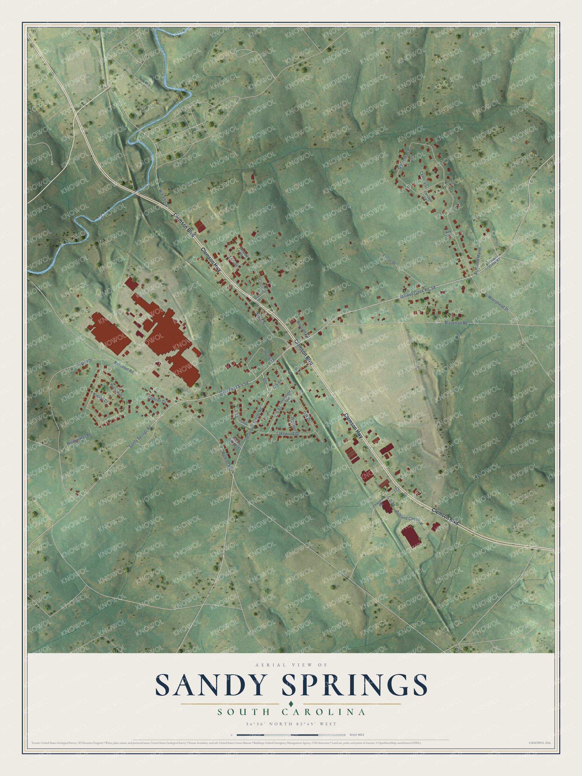 Full map of Sandy Springs, South Carolina, with red buildings, printed street names and the land around them