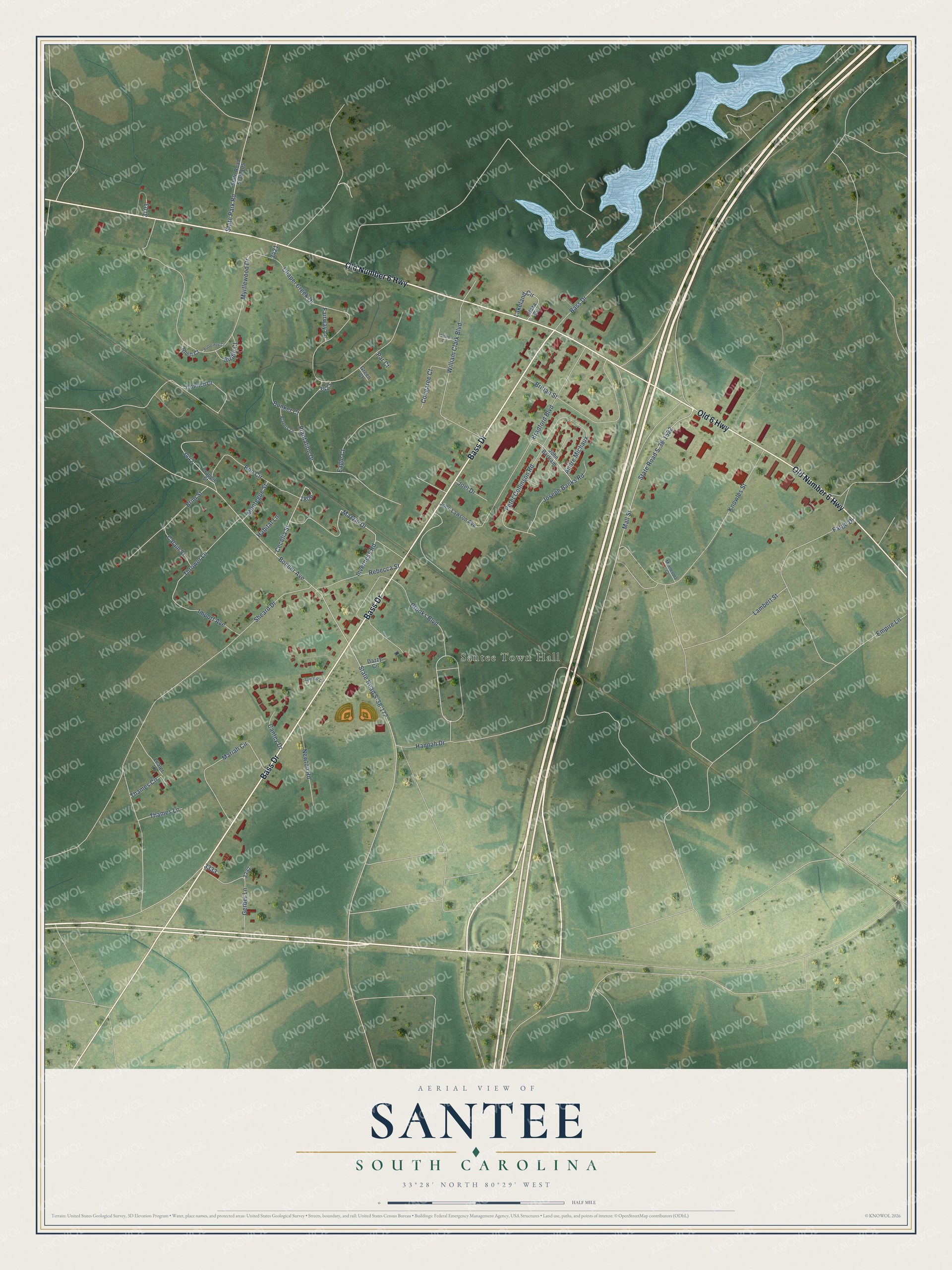 Full map of Santee, South Carolina, with red buildings, printed street names and the land around them