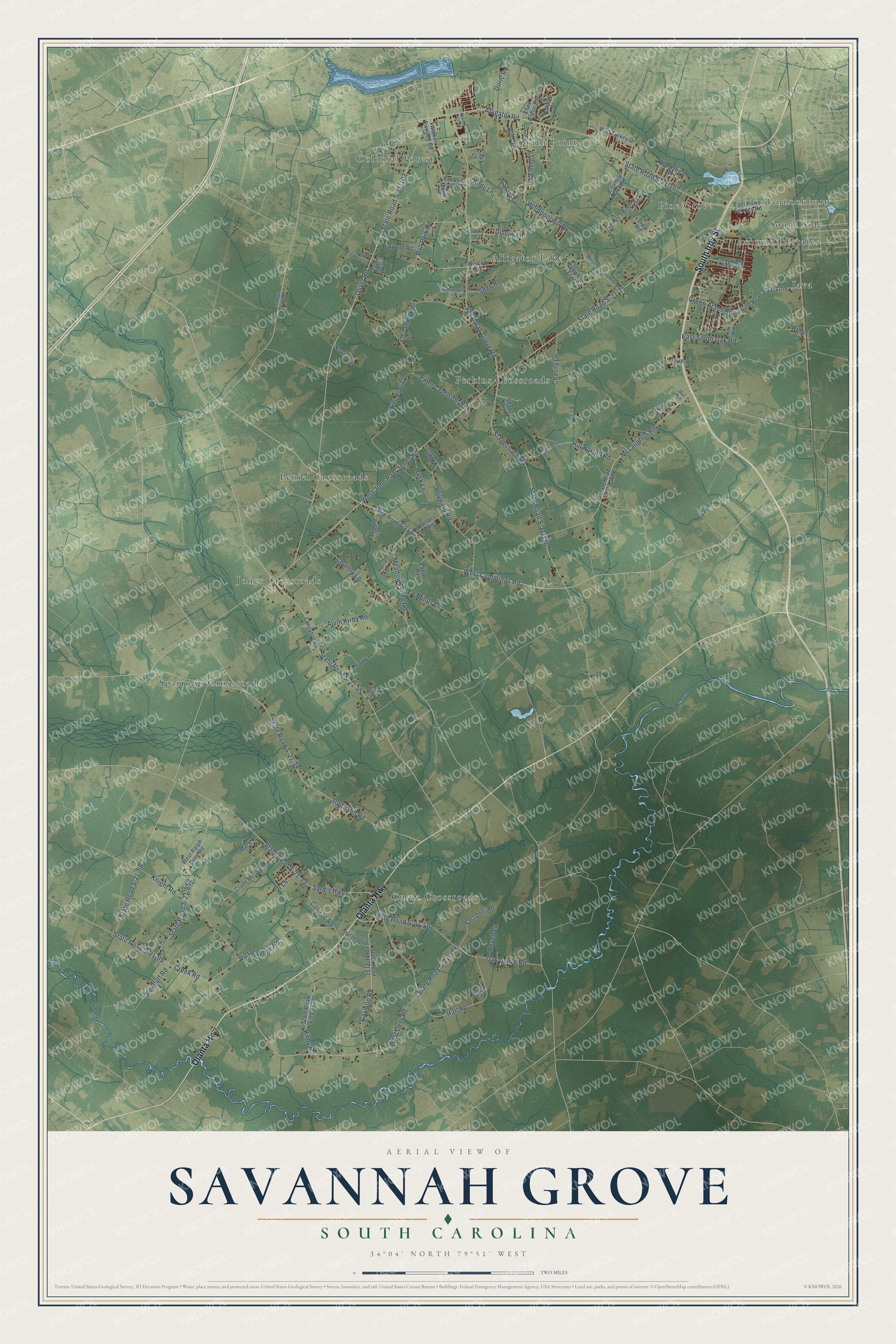Full map of Savannah Grove, South Carolina, with red buildings, printed street names and the land around them