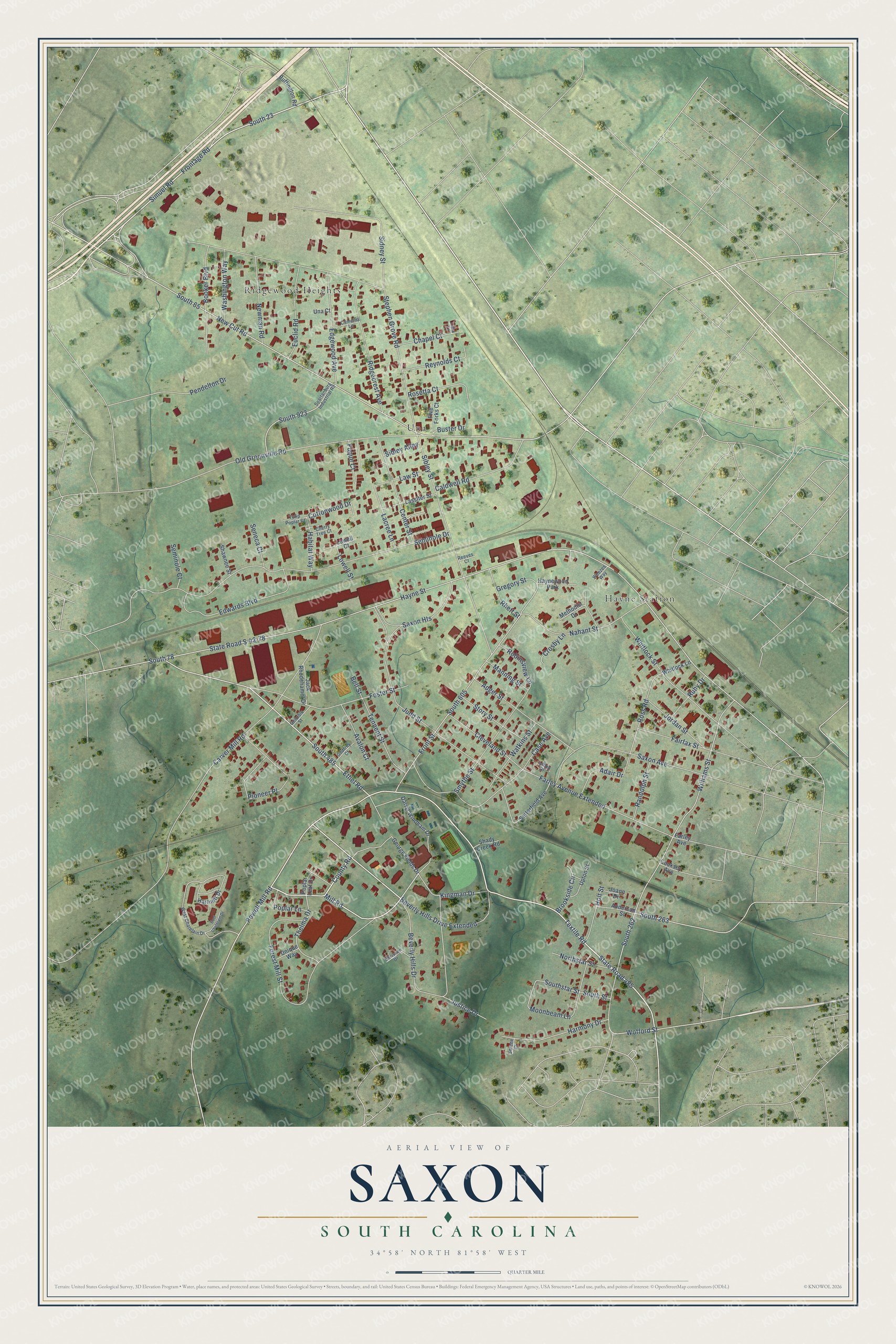 Full map of Saxon, South Carolina, with red buildings, printed street names and the land around them