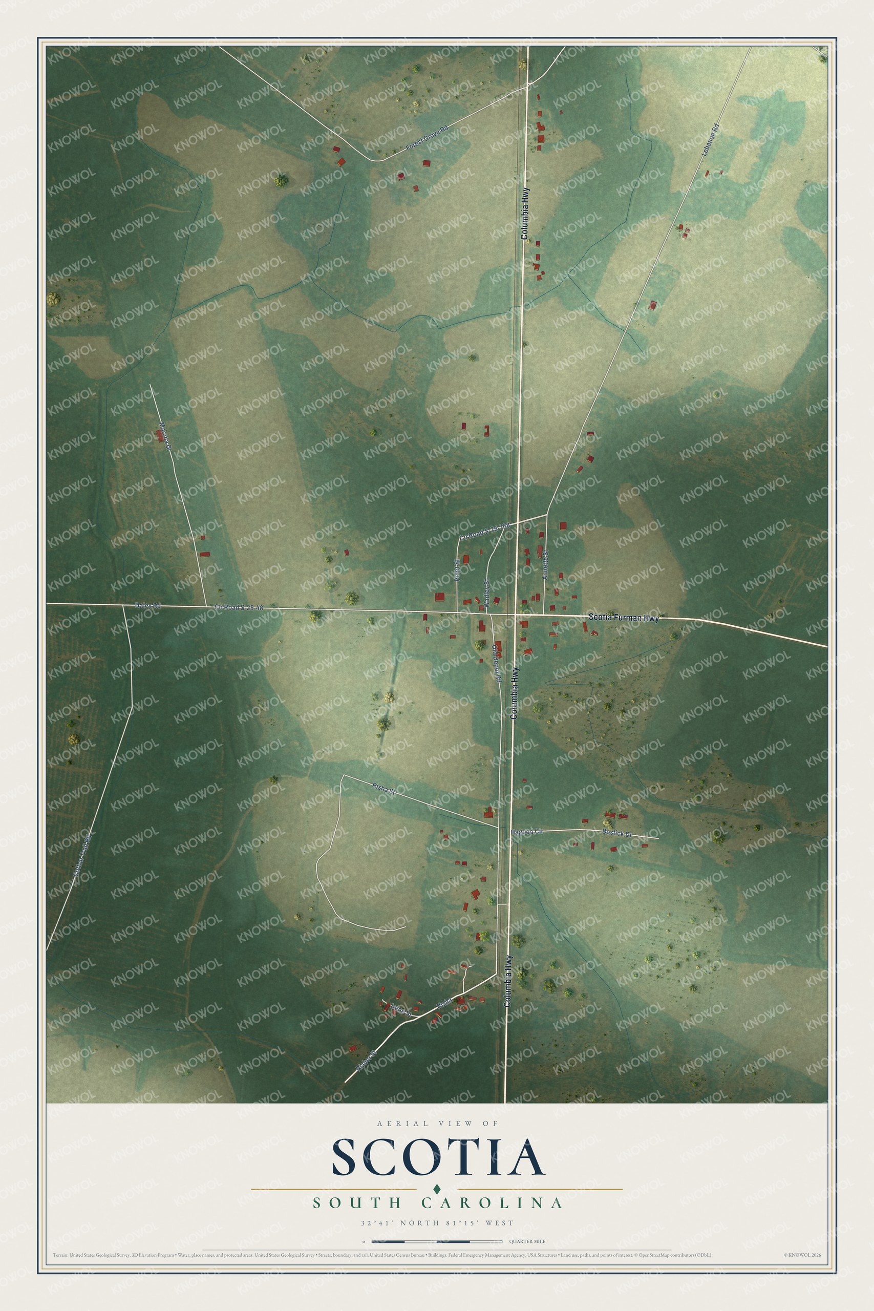 Full map of Scotia, South Carolina, with red buildings, printed street names and the land around them