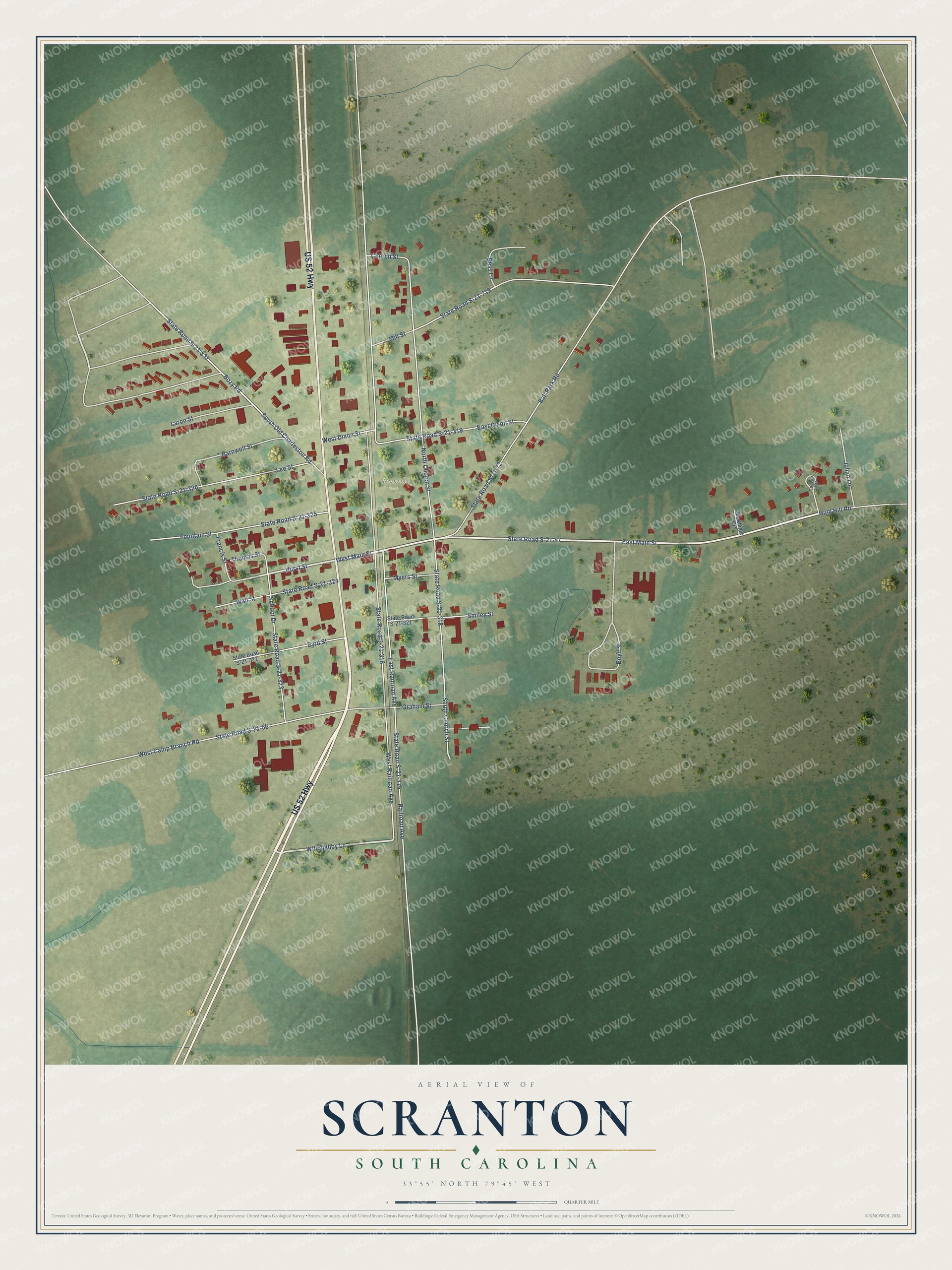 Full map of Scranton, South Carolina, with red buildings, printed street names and the land around them