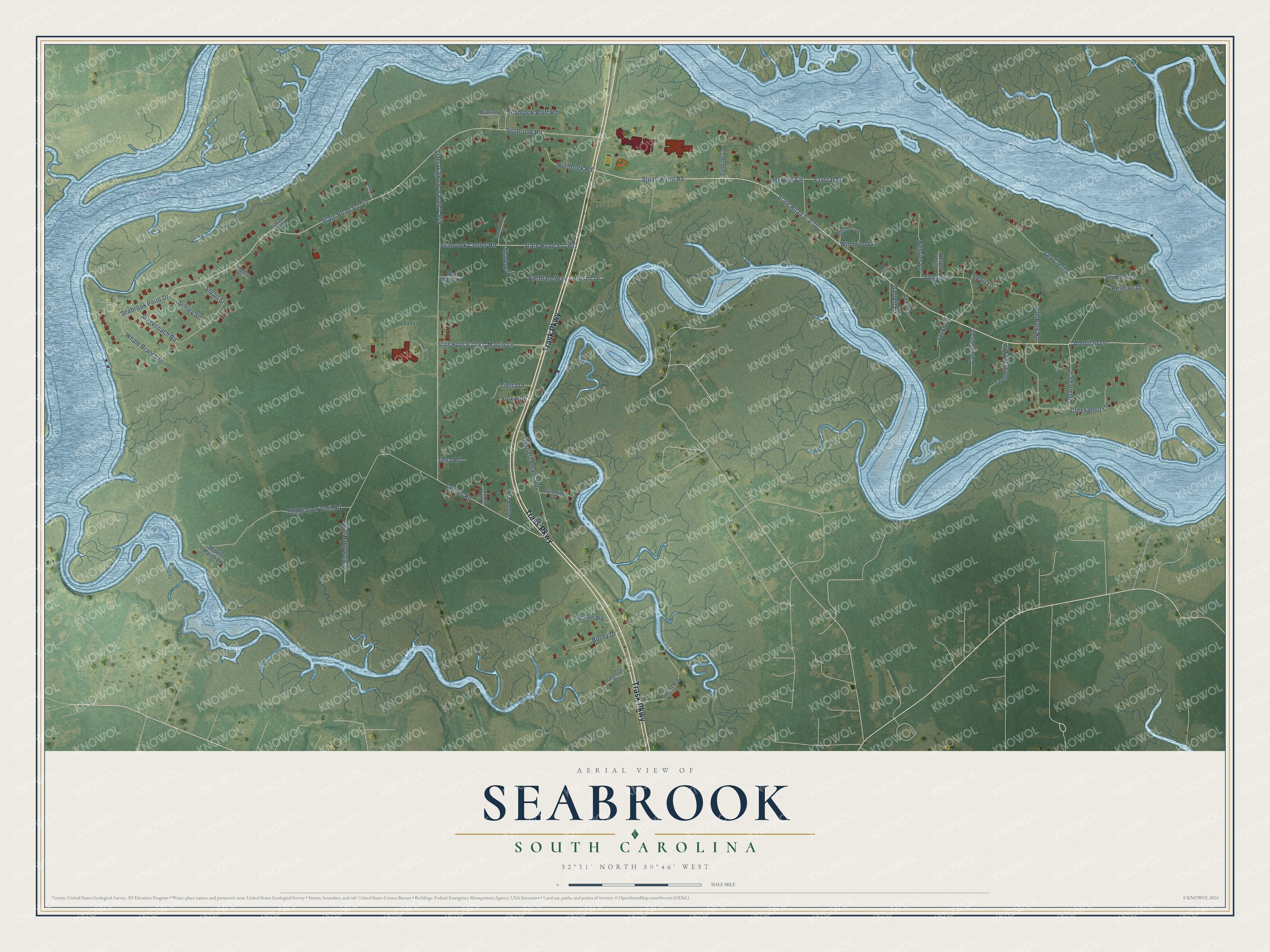 Full map of Seabrook, South Carolina, with red buildings, printed street names and the land around them