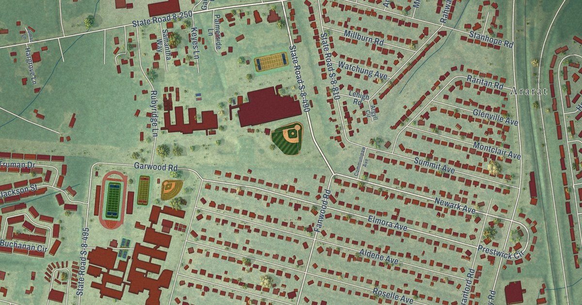 Close-up of streets and buildings in Sedgefield, South Carolina