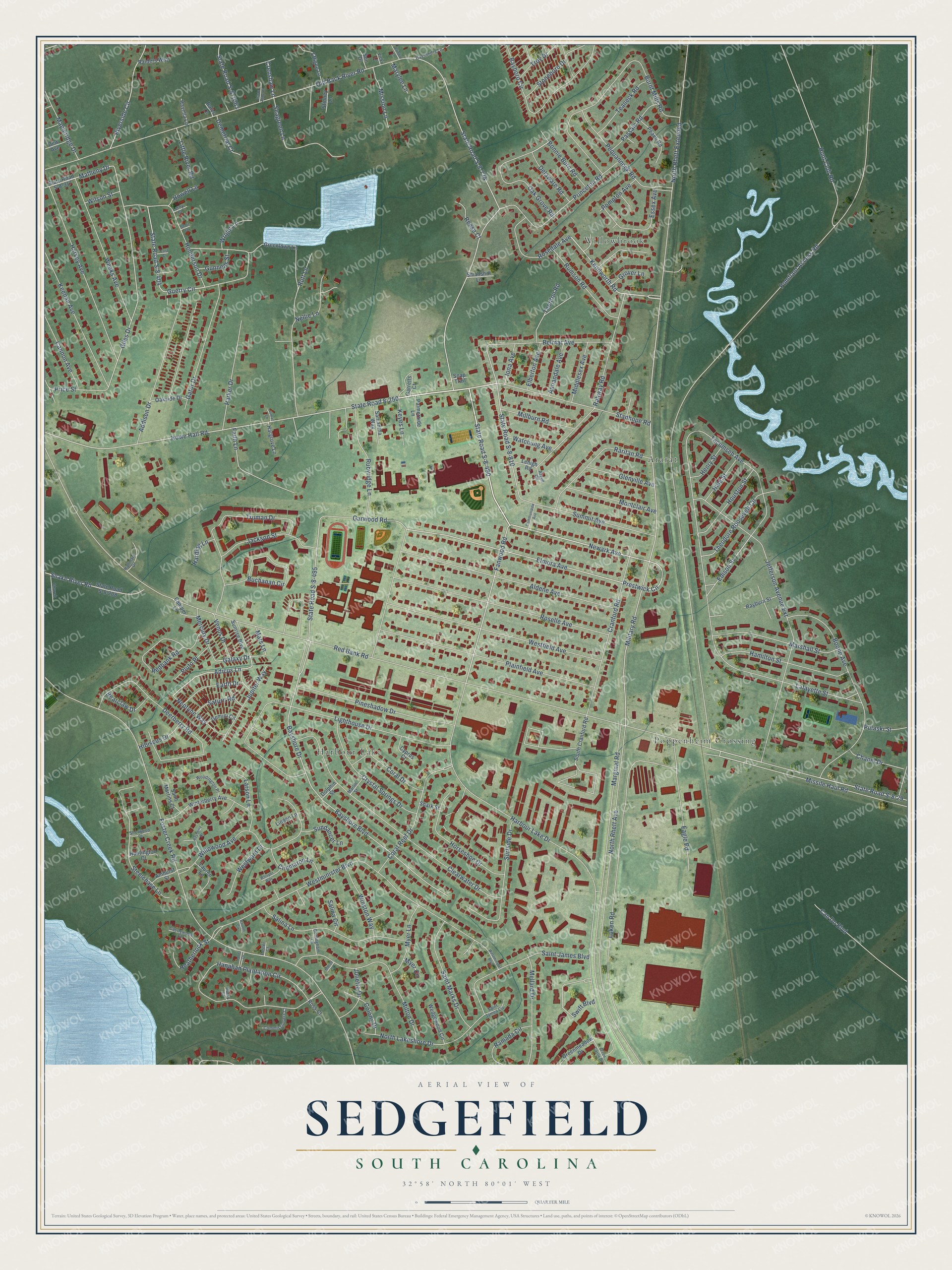 Full map of Sedgefield, South Carolina, with red buildings, printed street names and the land around them