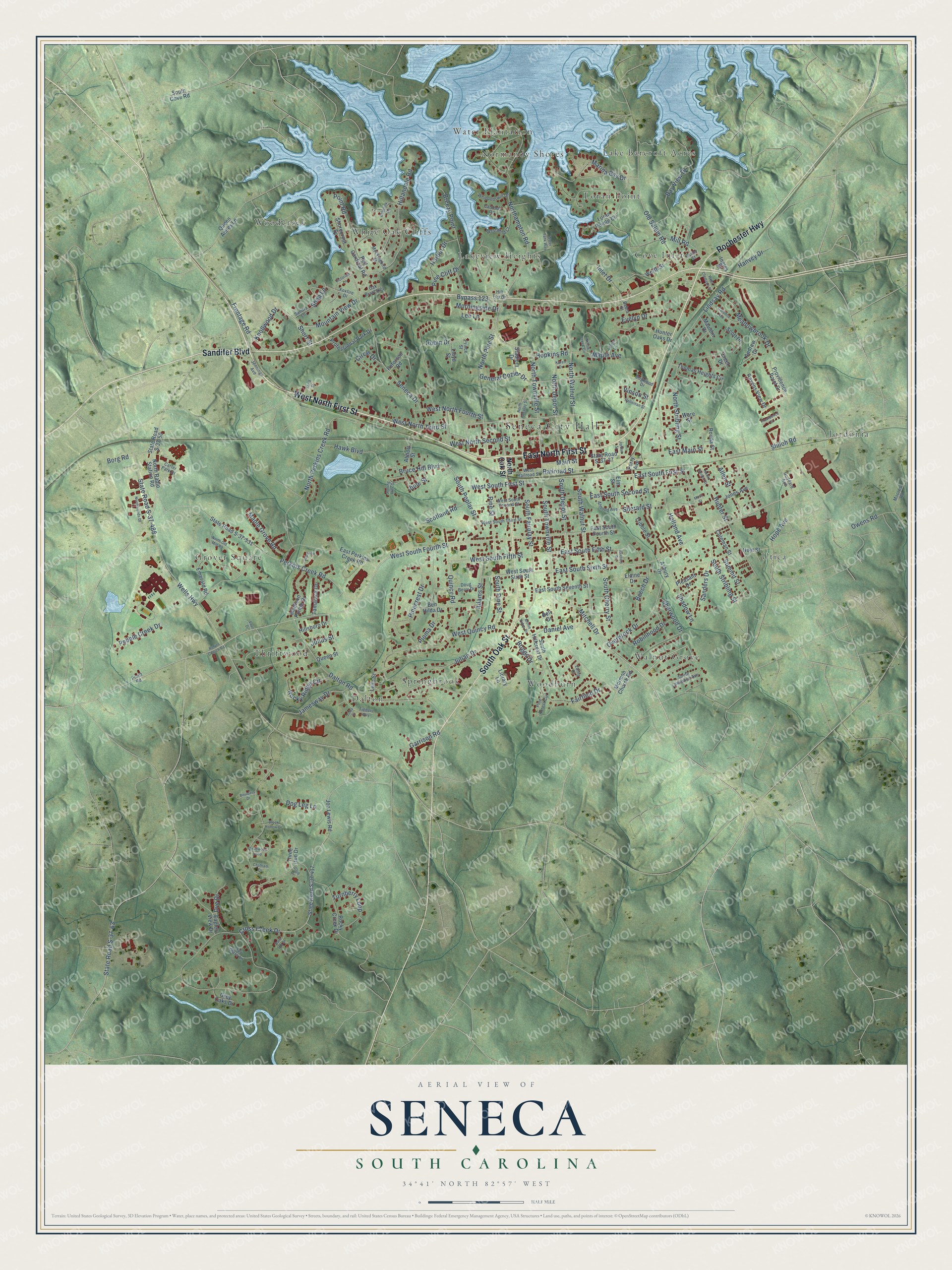 Full map of Seneca, South Carolina, with red buildings, printed street names and the land around them