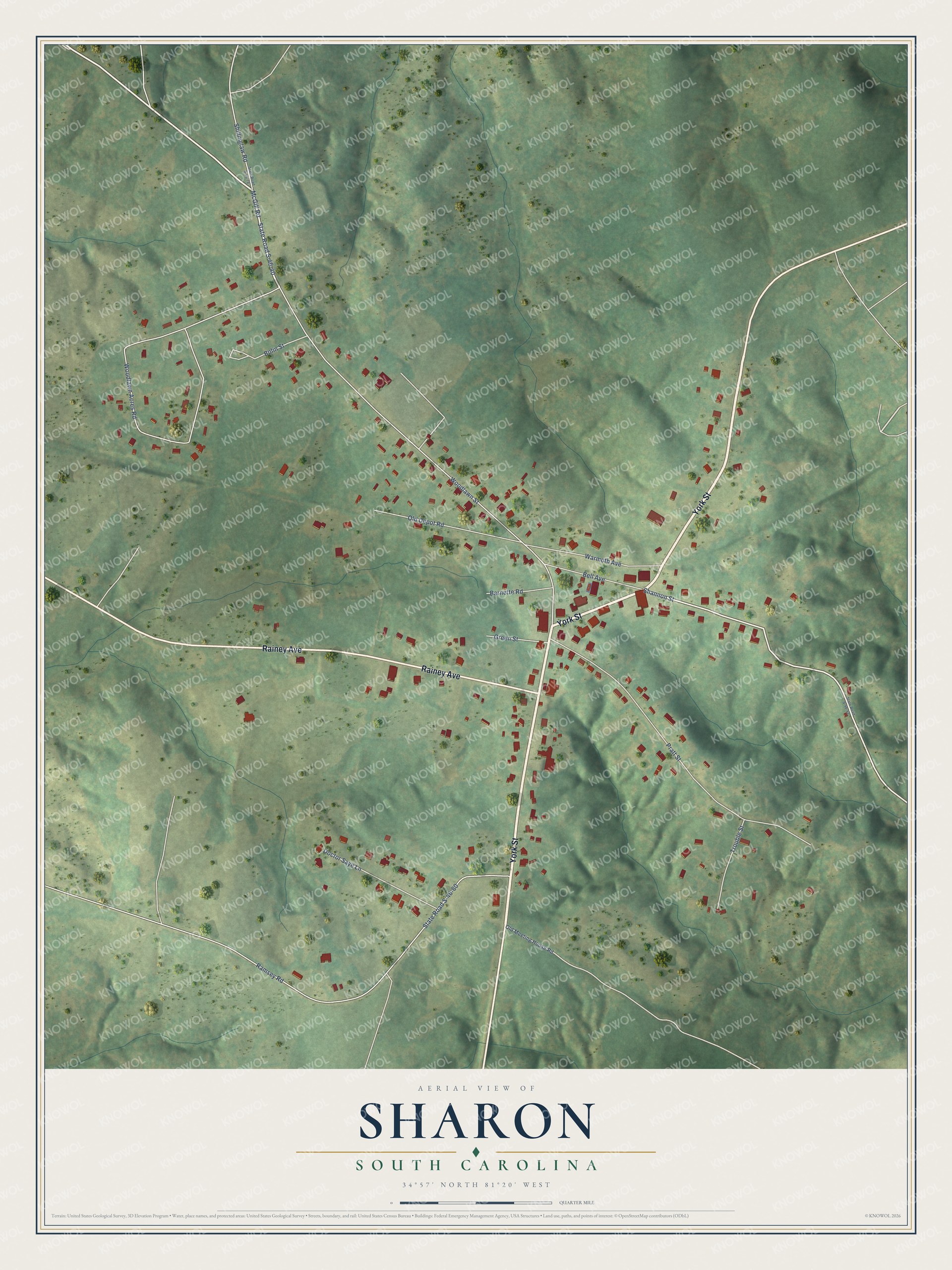 Full map of Sharon, South Carolina, with red buildings, printed street names and the land around them