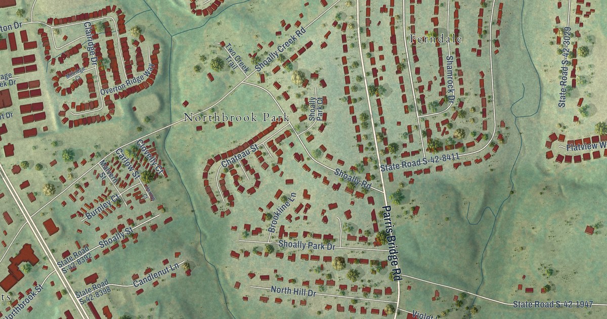 Close-up of streets and buildings in Shoally Creek, South Carolina