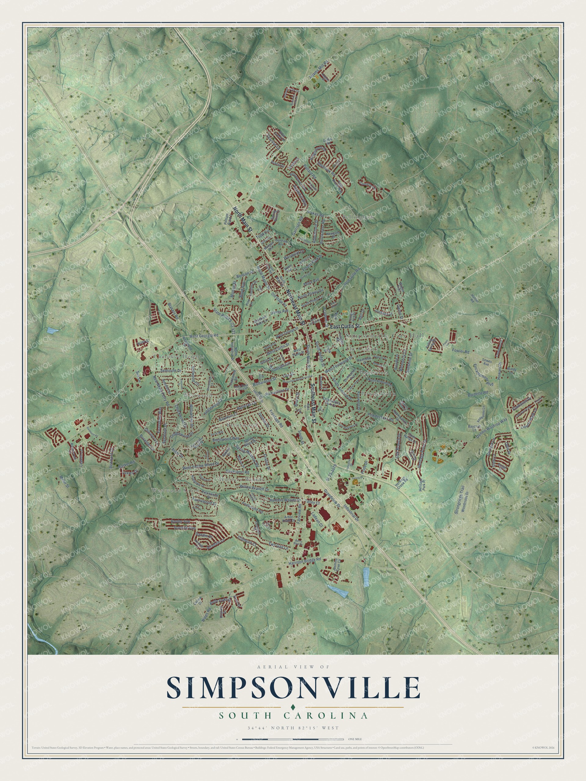 Full map of Simpsonville, South Carolina, with red buildings, printed street names and the land around them