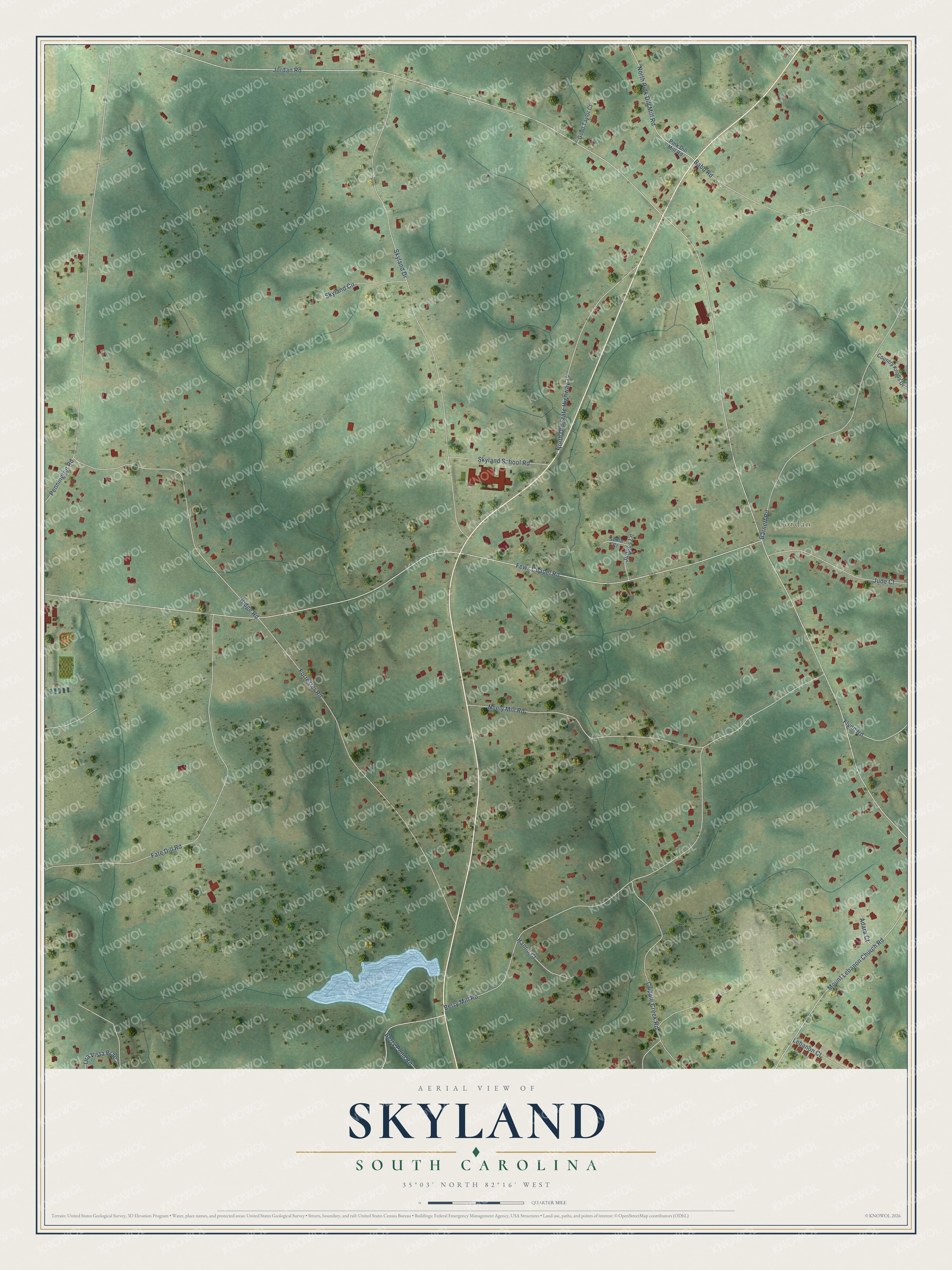 Full map of Skyland, South Carolina, with red buildings, printed street names and the land around them