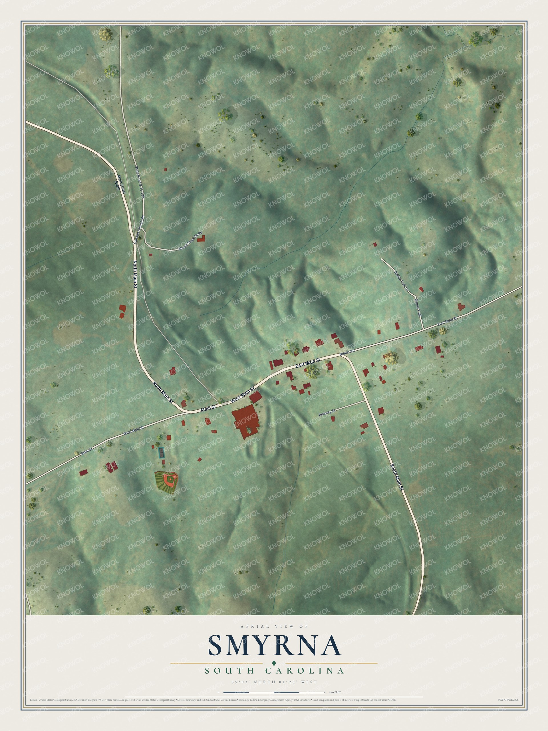 Full map of Smyrna, South Carolina, with red buildings, printed street names and the land around them