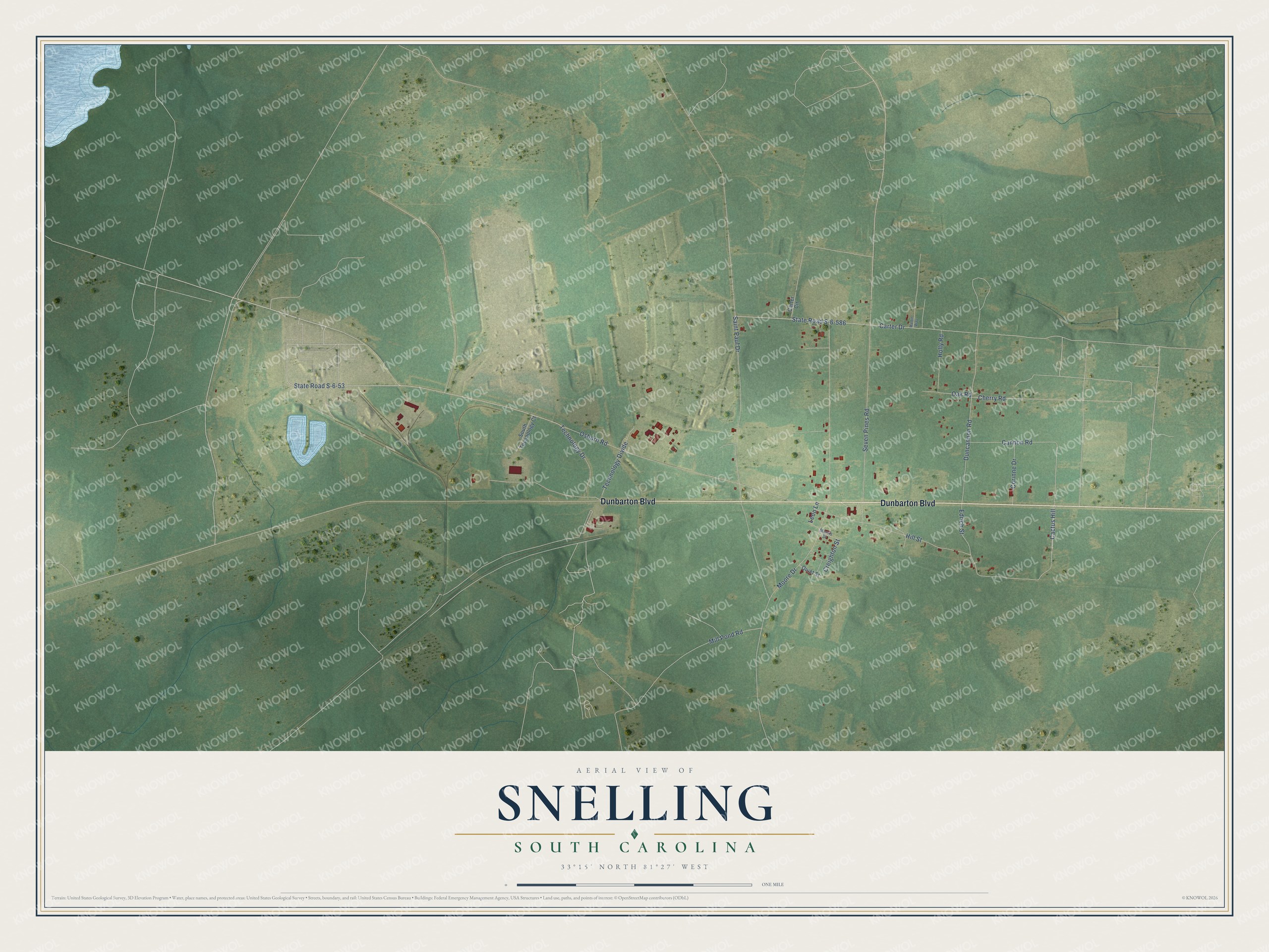 Full map of Snelling, South Carolina, with red buildings, printed street names and the land around them