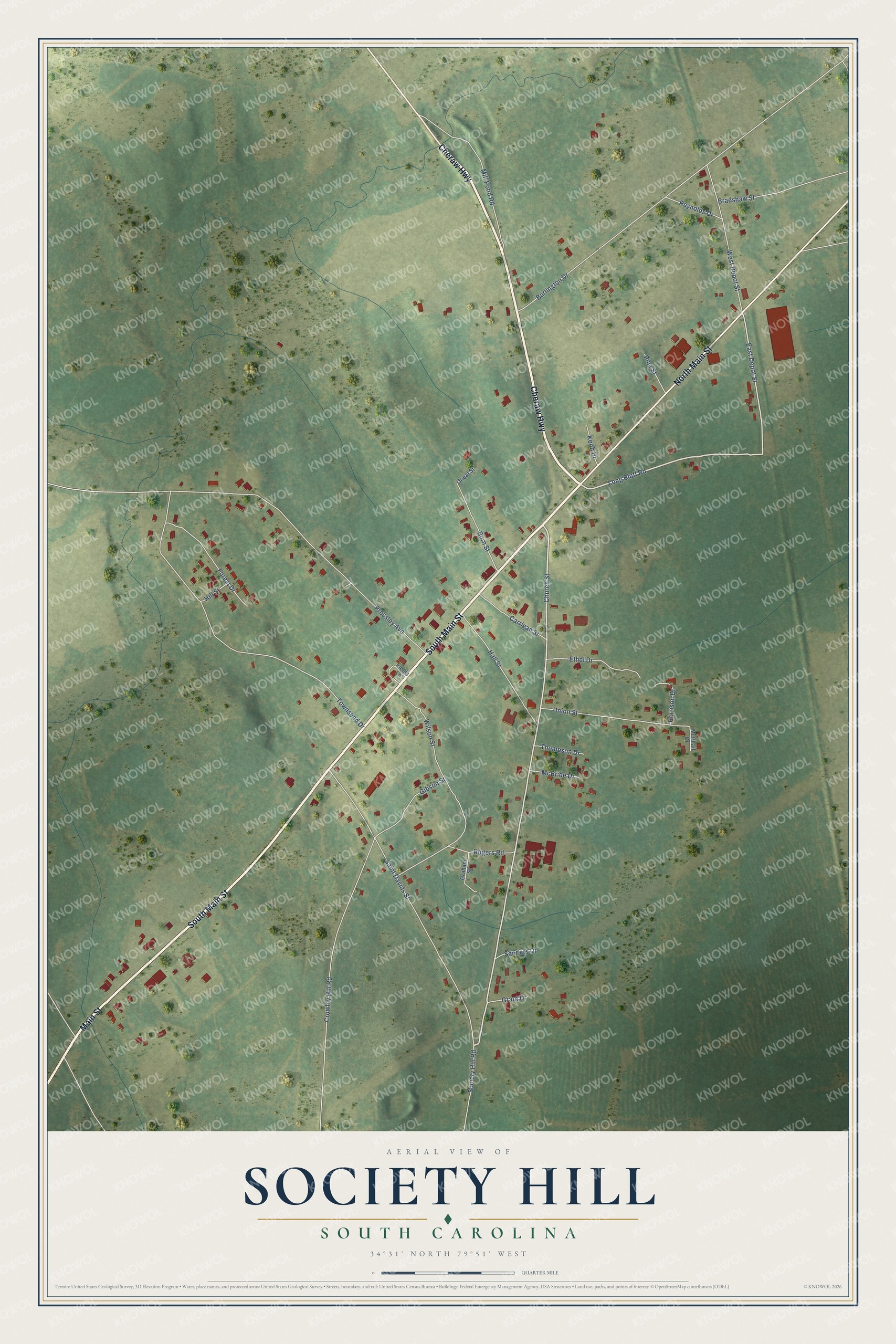 Full map of Society Hill, South Carolina, with red buildings, printed street names and the land around them