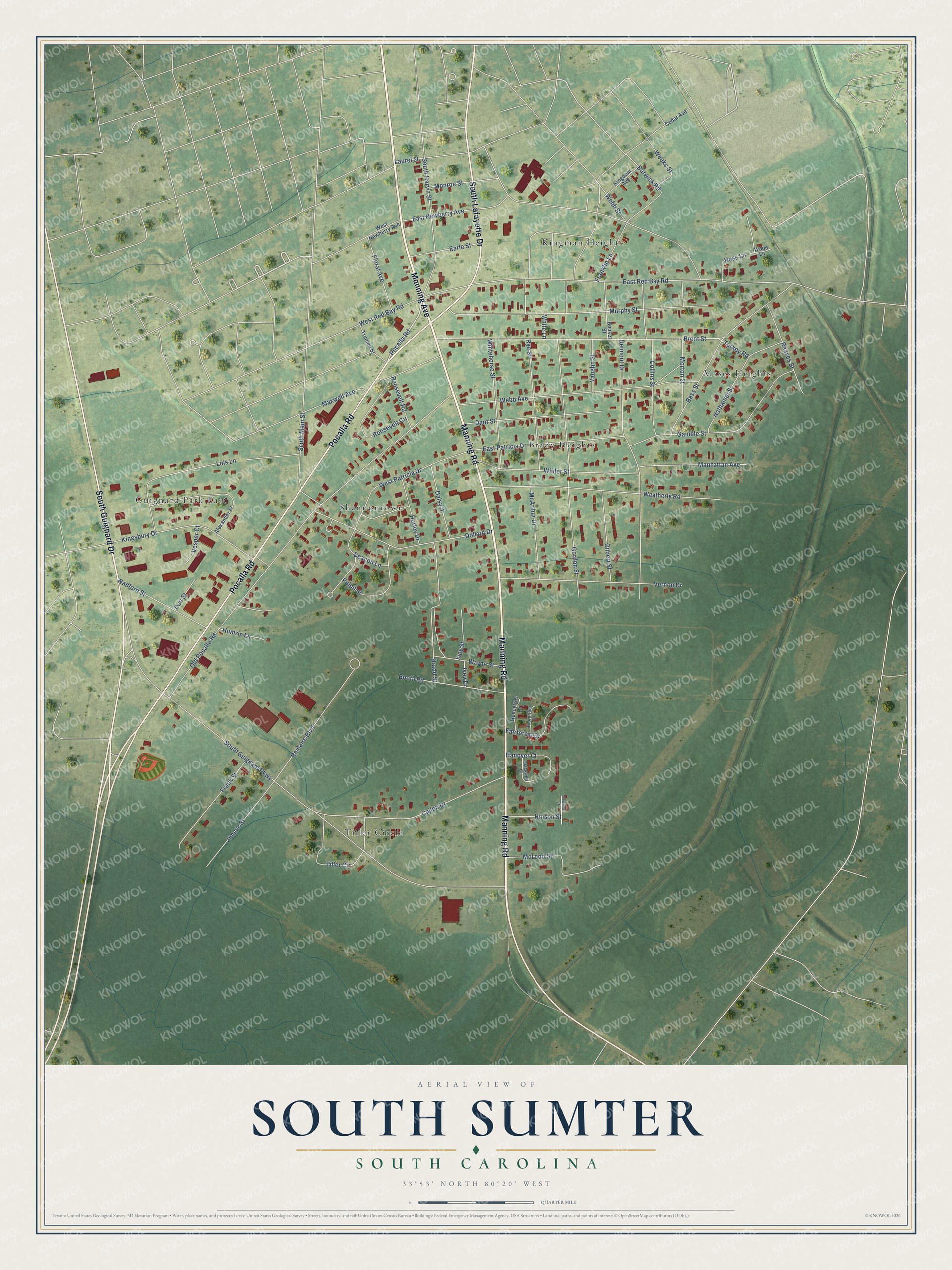 Full map of South Sumter, South Carolina, with red buildings, printed street names and the land around them