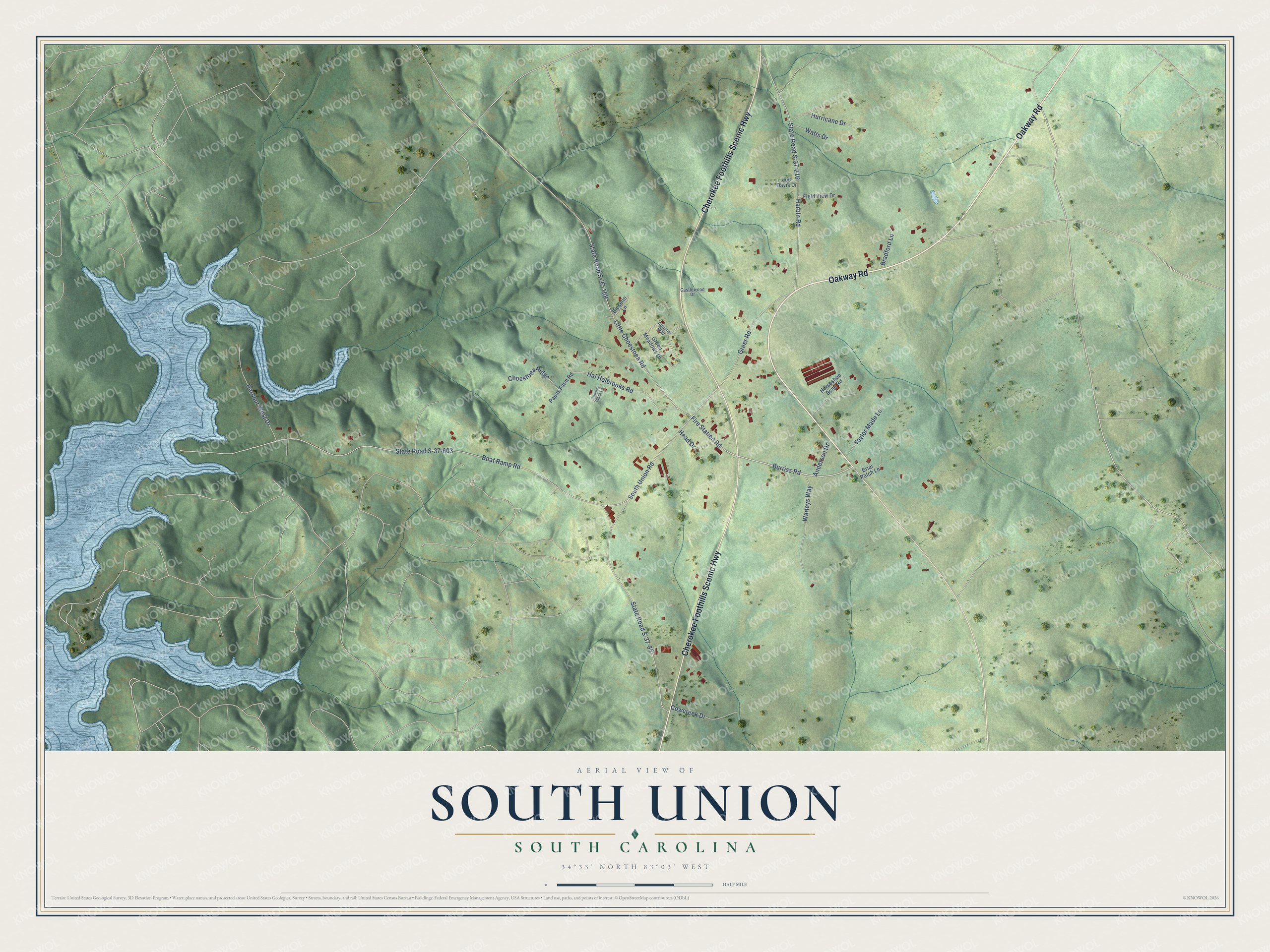 Full map of South Union, South Carolina, with red buildings, printed street names and the land around them