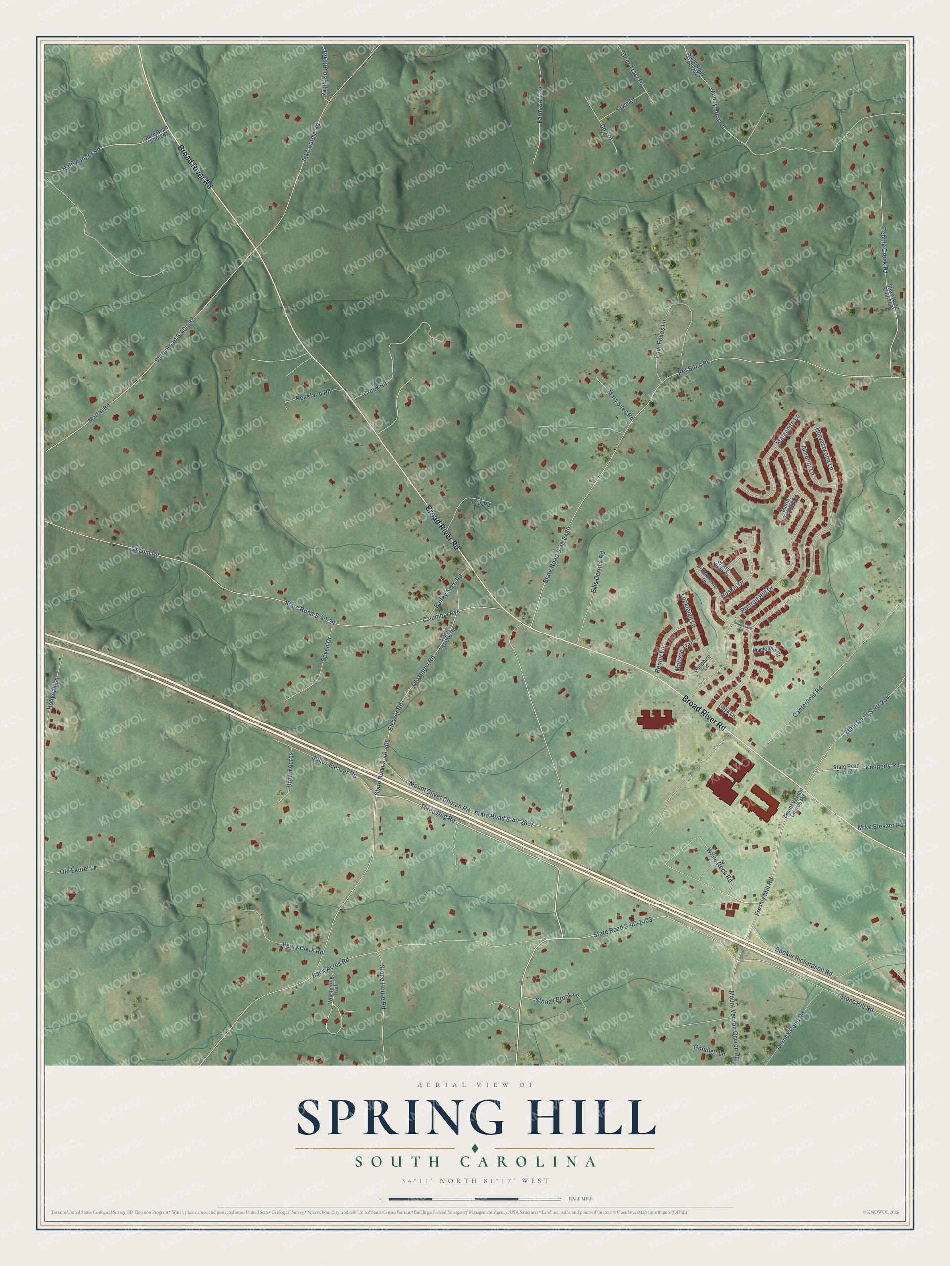 Full map of Spring Hill, South Carolina, with red buildings, printed street names and the land around them