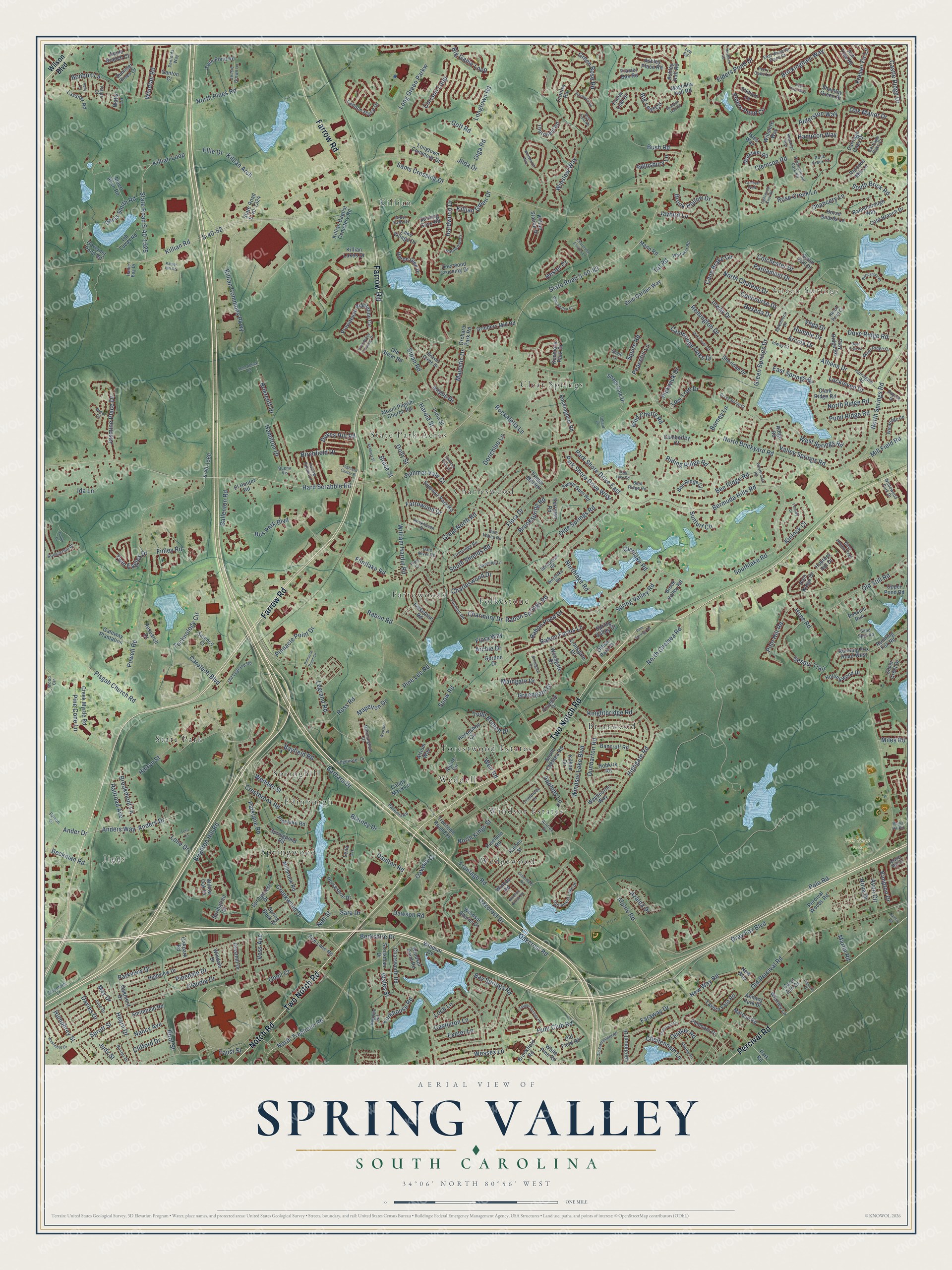 Full map of Spring Valley, South Carolina, with red buildings, printed street names and the land around them