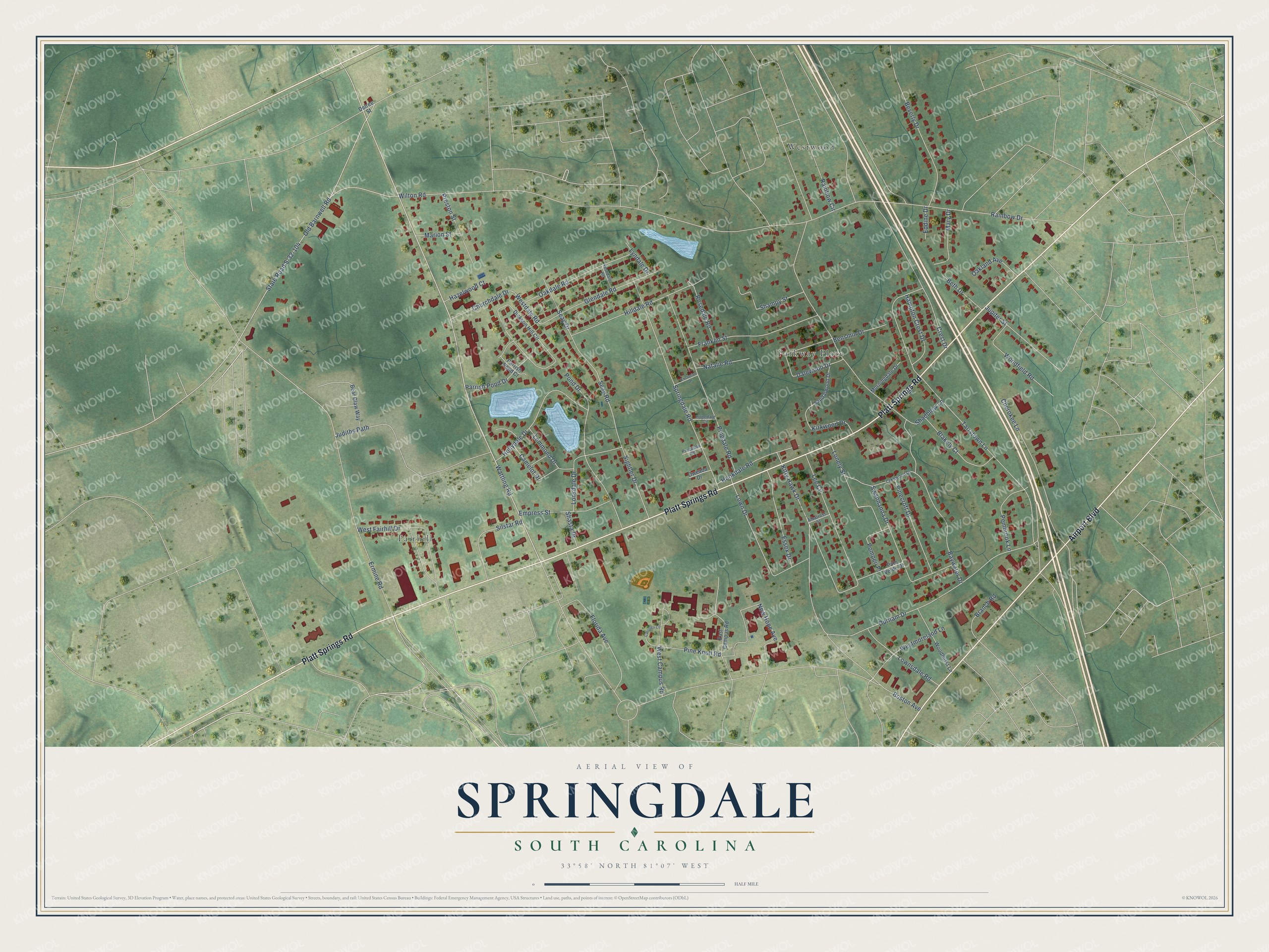 Full map of Springdale, South Carolina, with red buildings, printed street names and the land around them