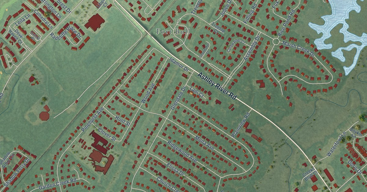 Close-up of streets and buildings in Springfield, Charleston County, South Carolina