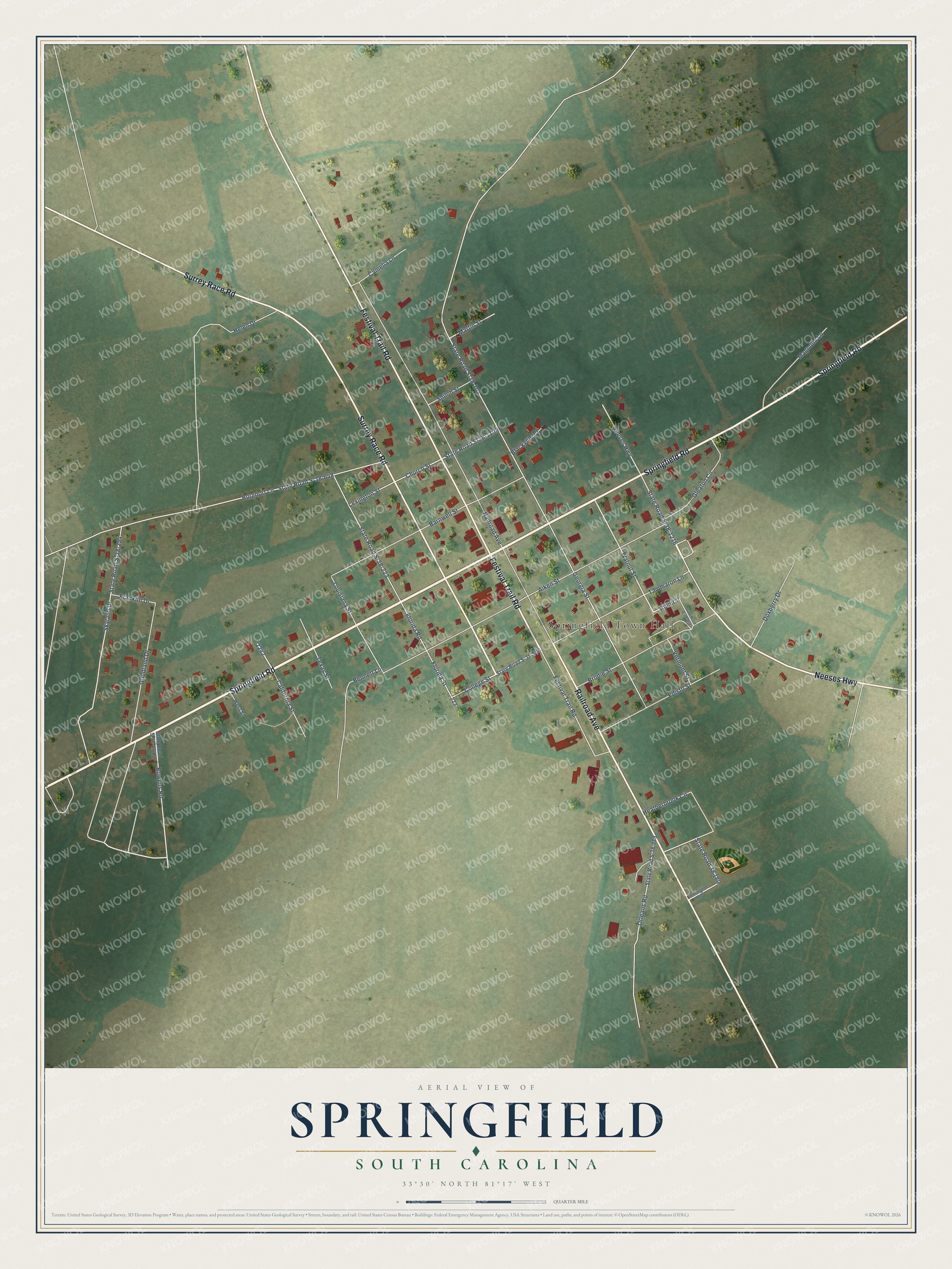 Full map of Springfield, South Carolina, with red buildings, printed street names and the land around them