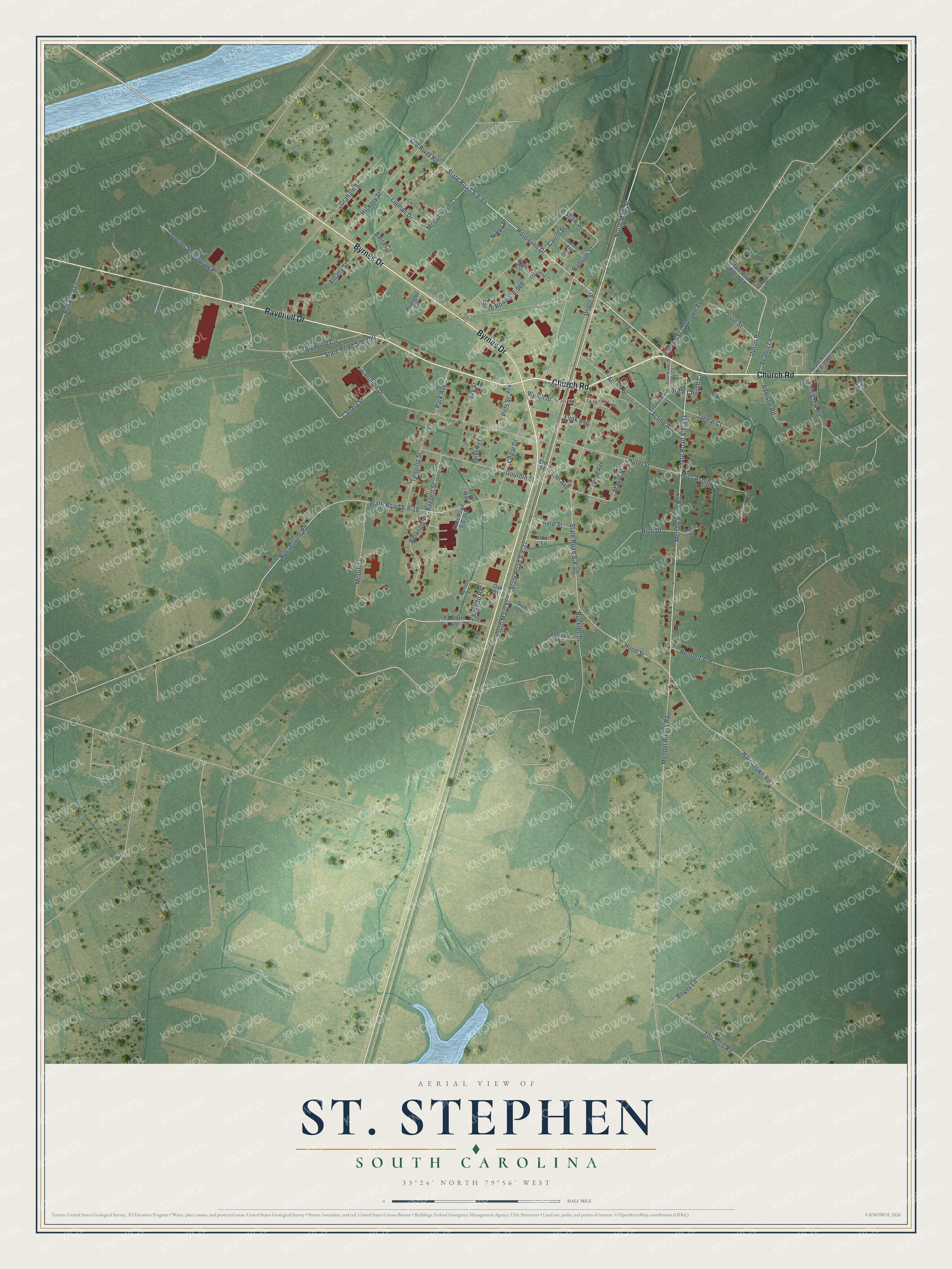 Full map of St. Stephen, South Carolina, with red buildings, printed street names and the land around them