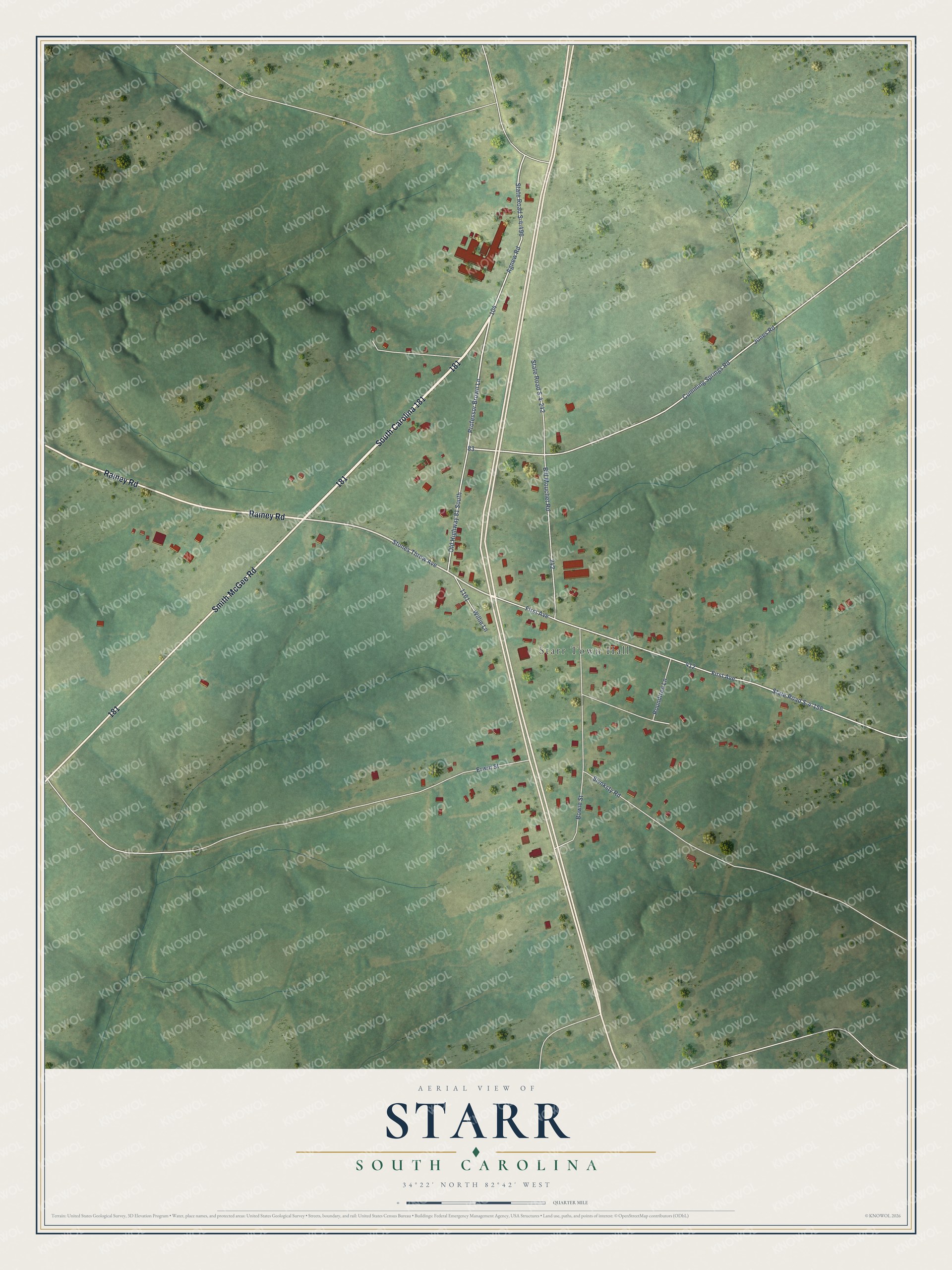 Full map of Starr, South Carolina, with red buildings, printed street names and the land around them