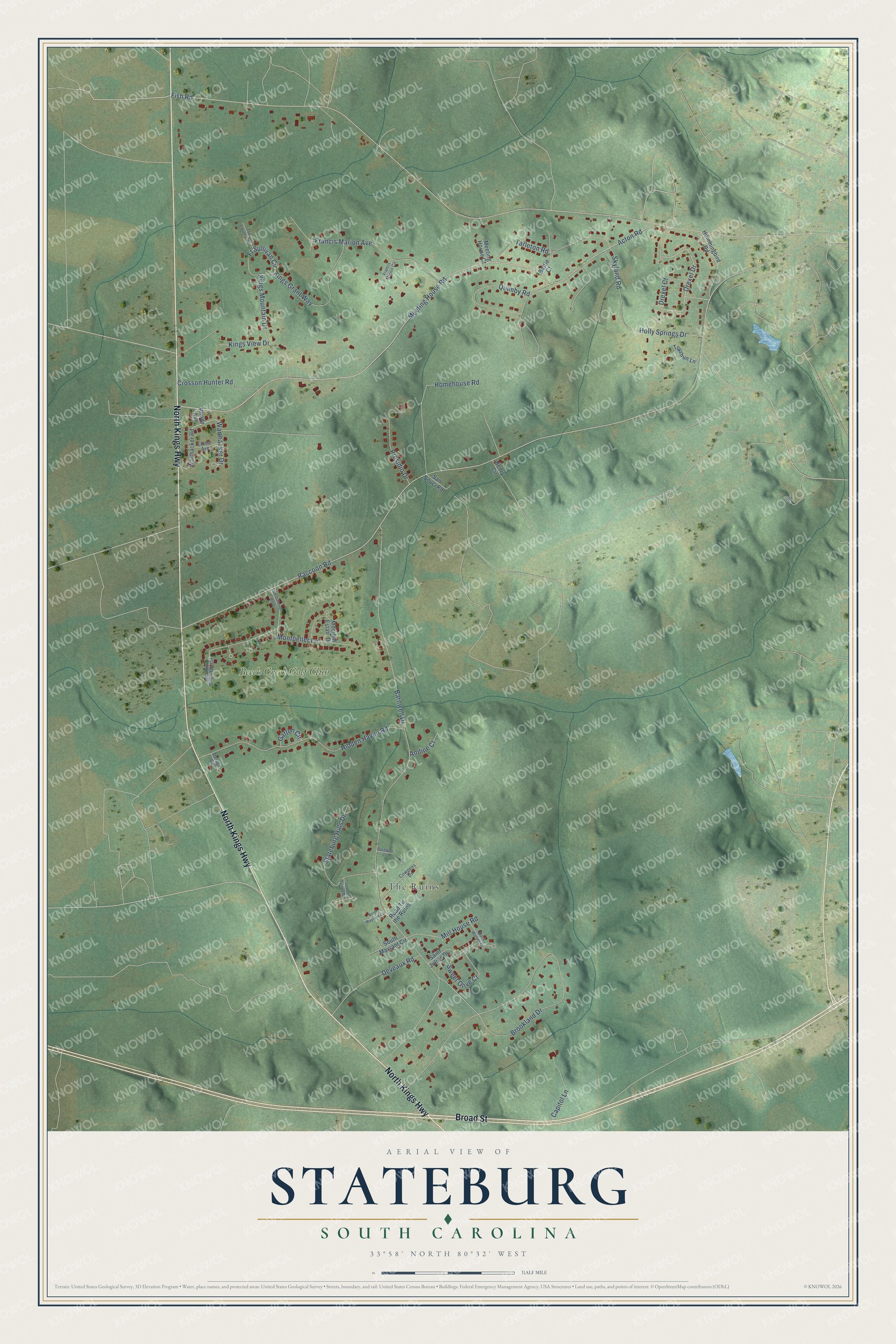 Full map of Stateburg, South Carolina, with red buildings, printed street names and the land around them