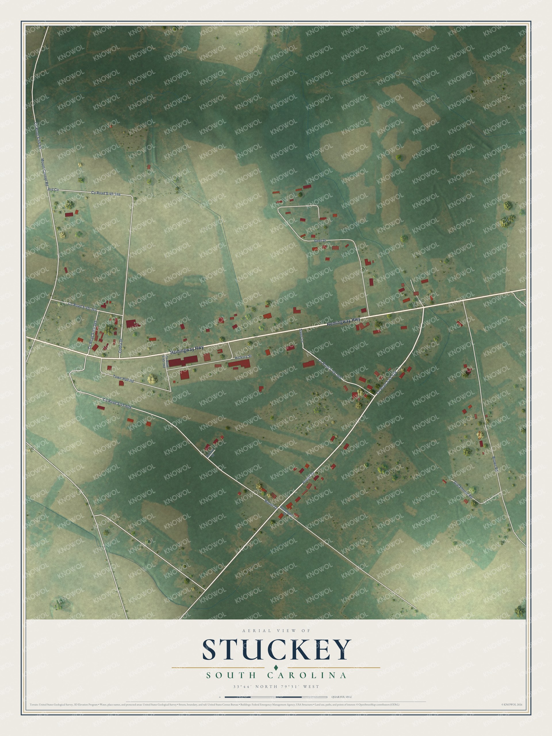 Full map of Stuckey, South Carolina, with red buildings, printed street names and the land around them