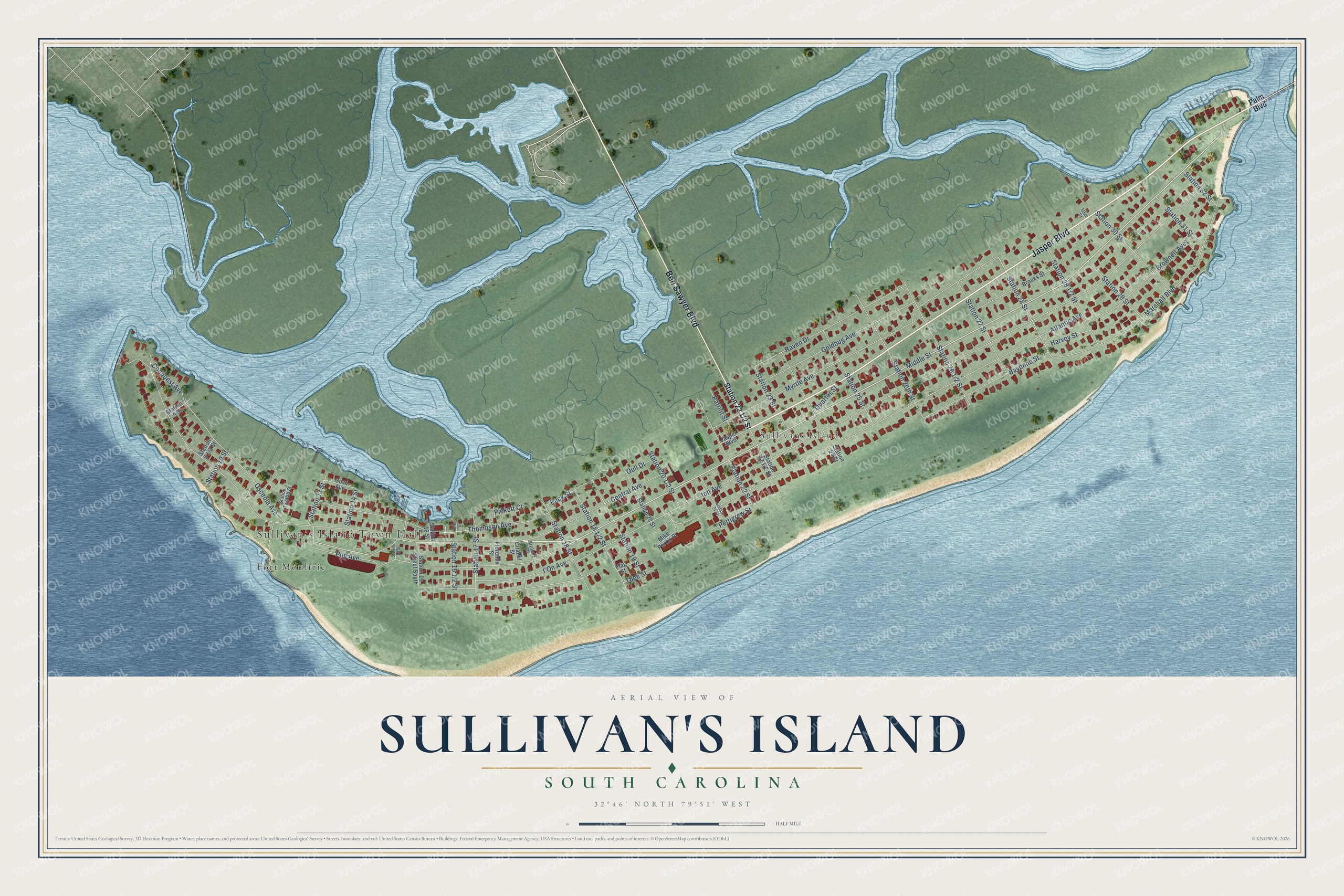 Full map of Sullivan's Island, South Carolina, with red buildings, printed street names and the land around them