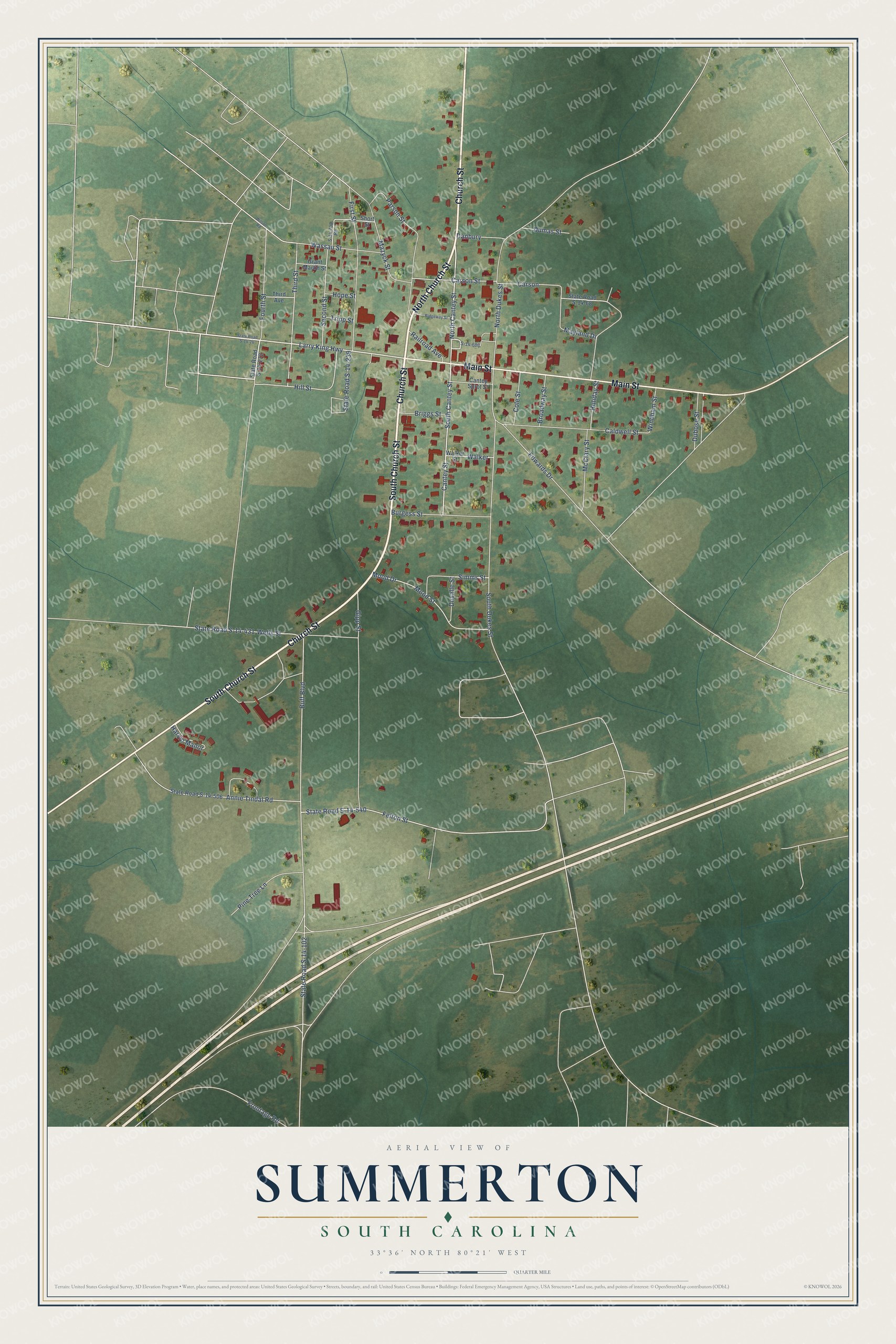 Full map of Summerton, South Carolina, with red buildings, printed street names and the land around them