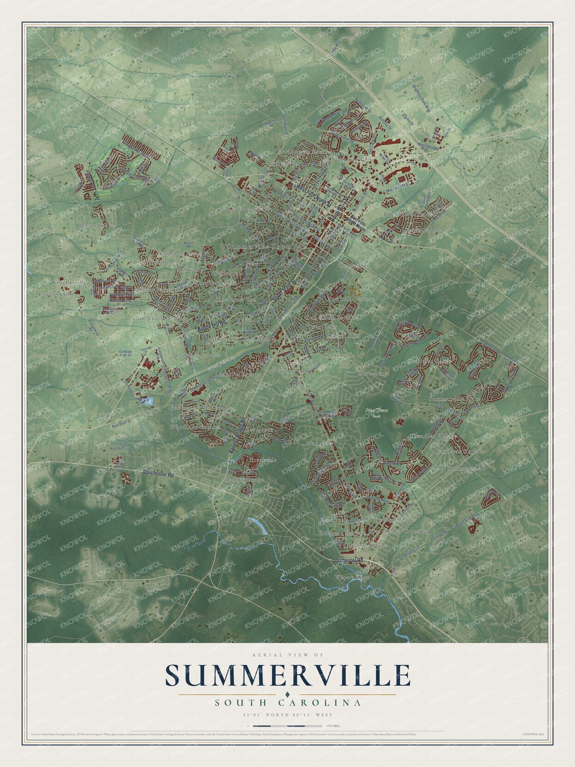 Full map of Summerville, South Carolina, with red buildings, printed street names and the land around them