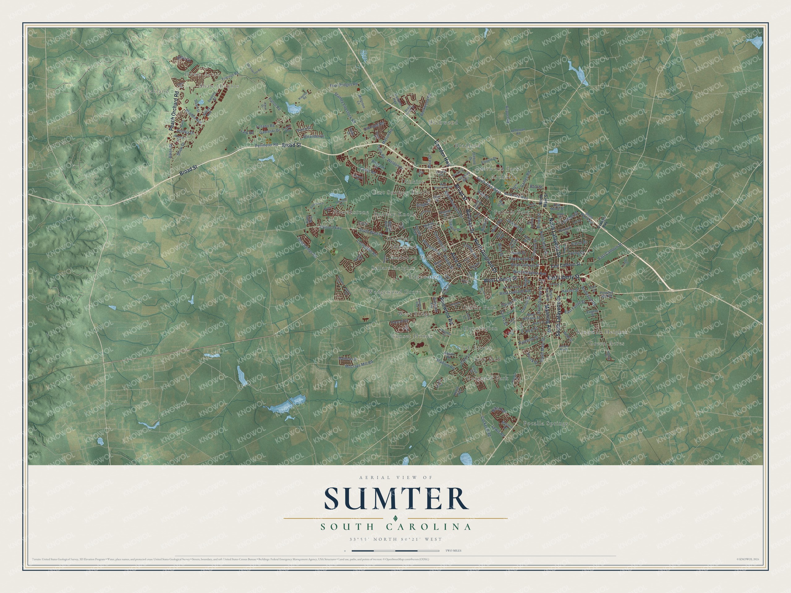 Full map of Sumter, South Carolina, with red buildings, printed street names and the land around them
