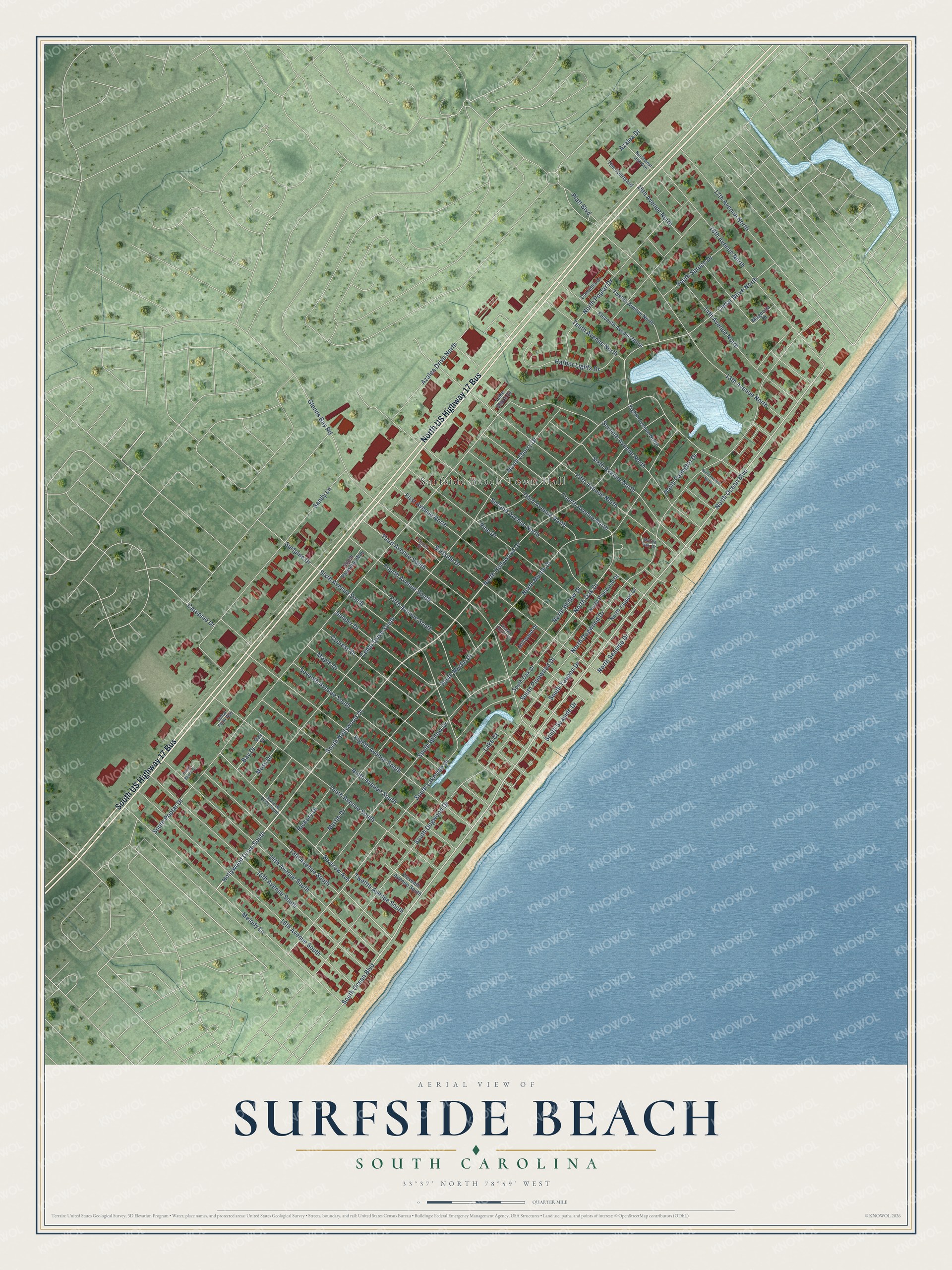 Full map of Surfside Beach, South Carolina, with red buildings, printed street names and the land around them