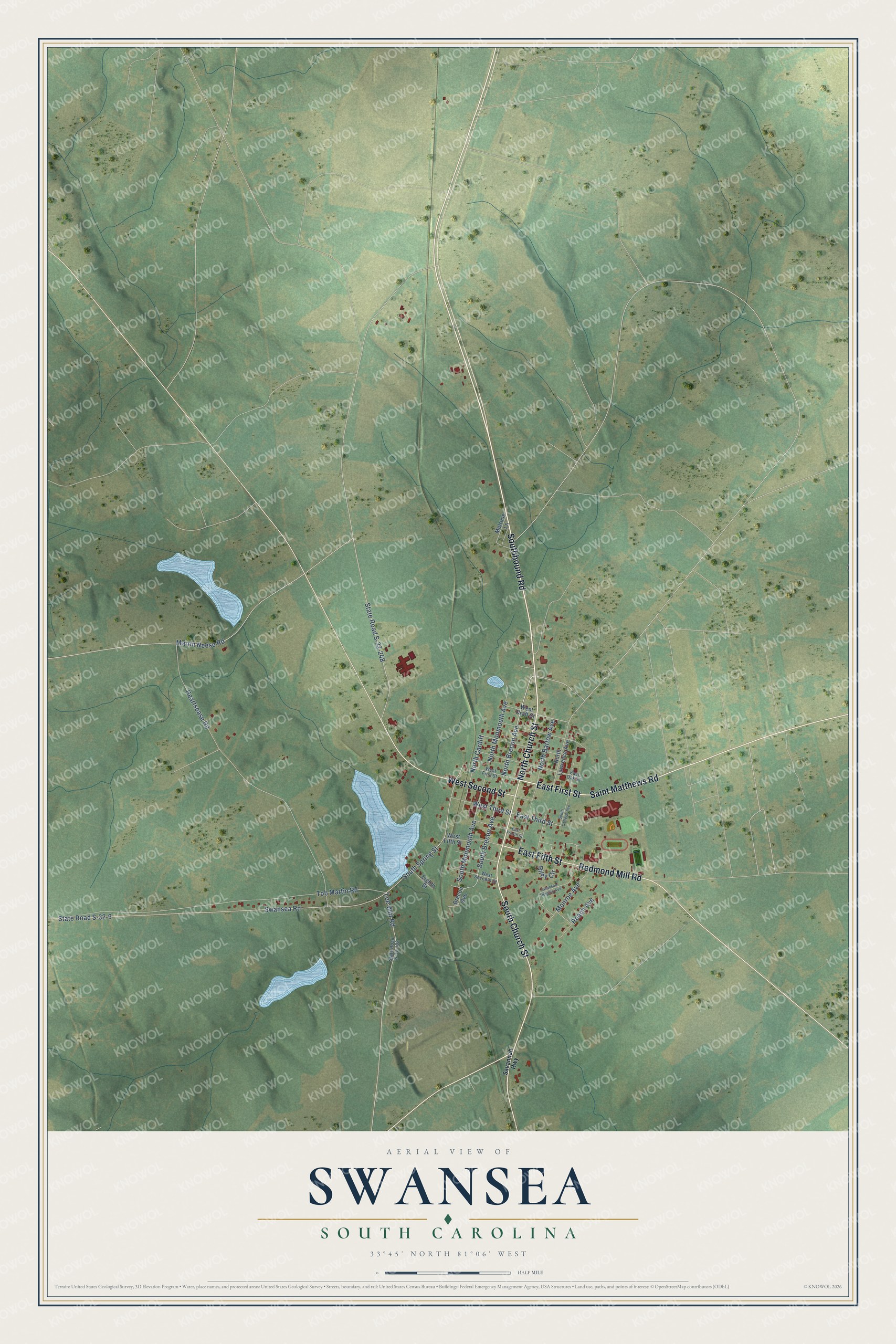 Full map of Swansea, South Carolina, with red buildings, printed street names and the land around them