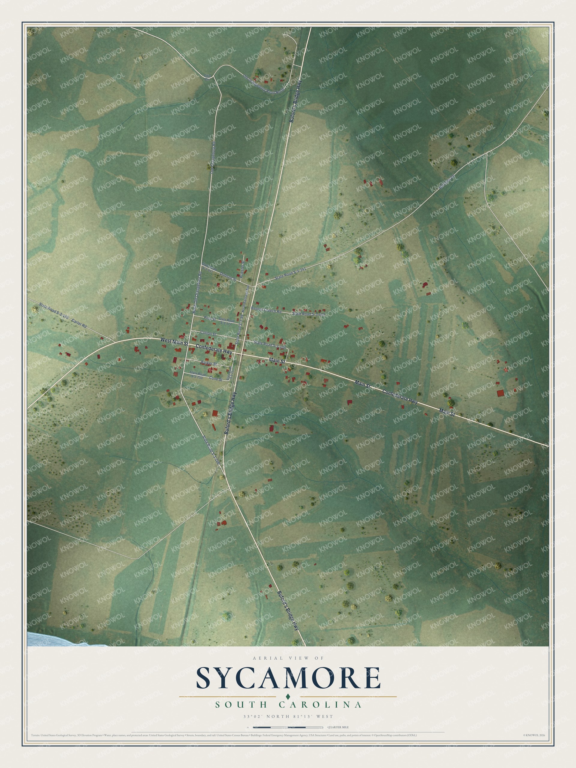 Full map of Sycamore, South Carolina, with red buildings, printed street names and the land around them