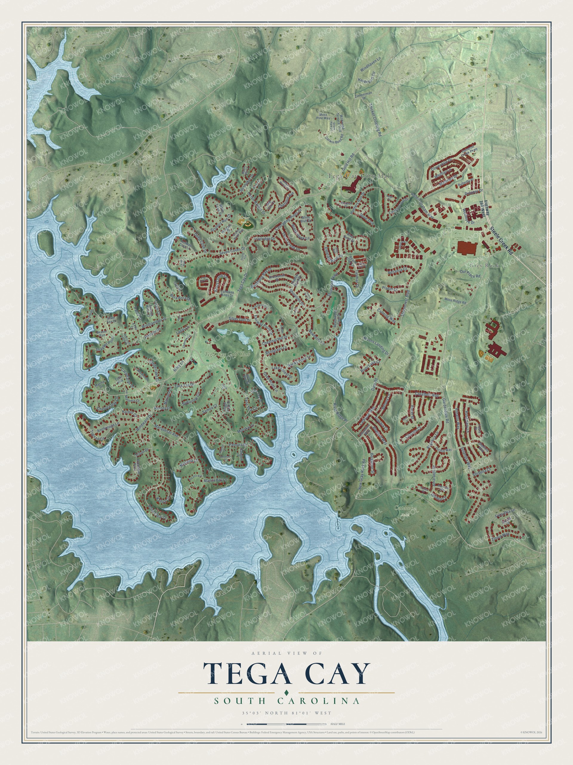 Full map of Tega Cay, South Carolina, with red buildings, printed street names and the land around them