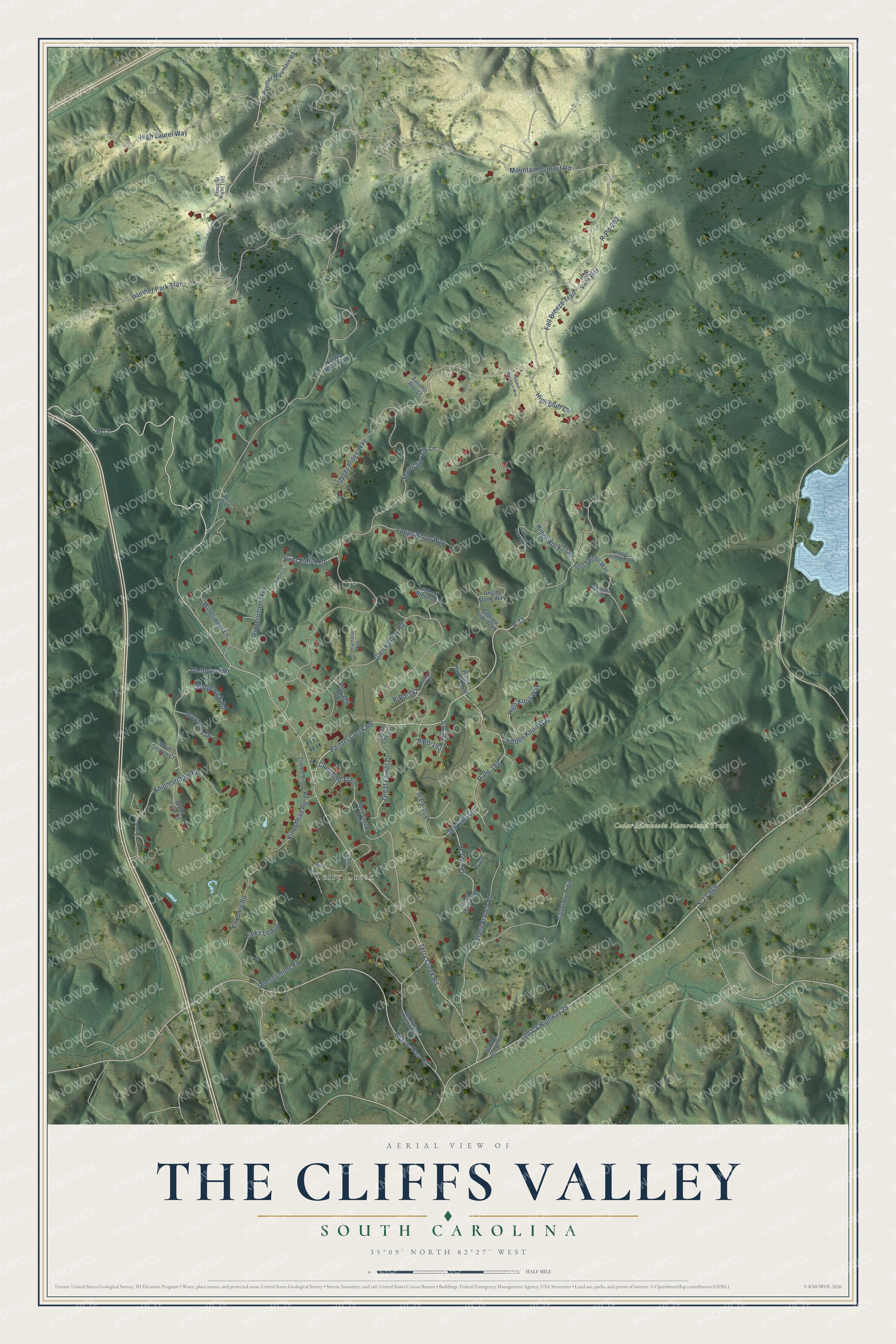 Full map of The Cliffs Valley, South Carolina, with red buildings, printed street names and the land around them