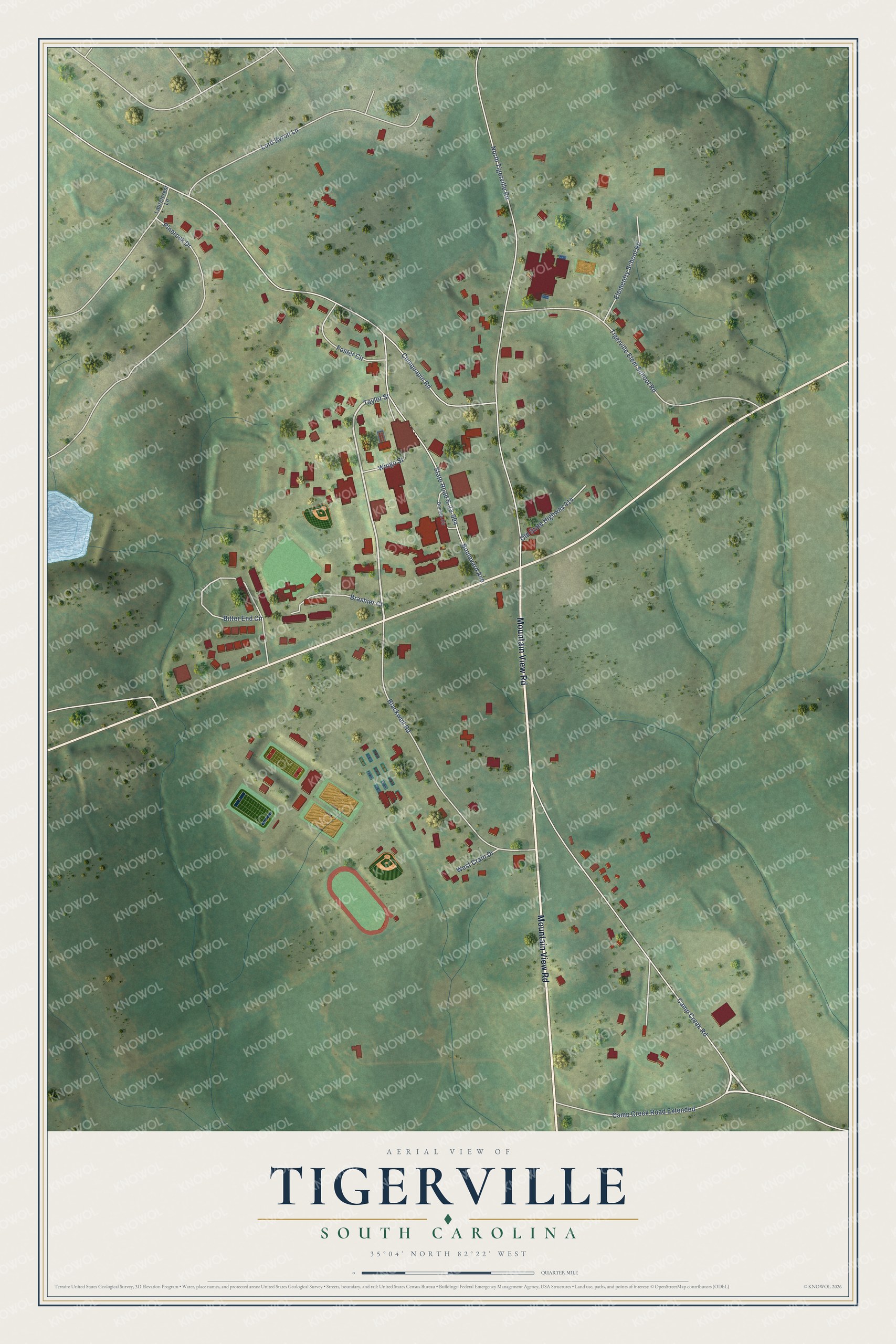 Full map of Tigerville, South Carolina, with red buildings, printed street names and the land around them