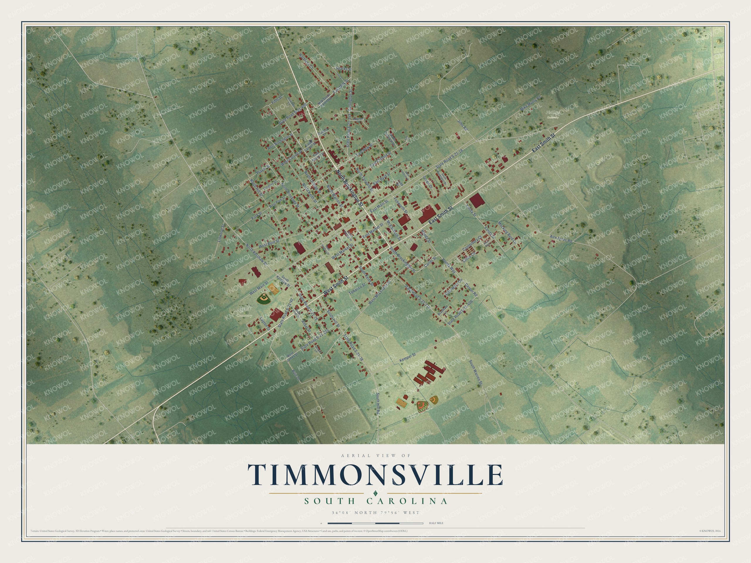 Full map of Timmonsville, South Carolina, with red buildings, printed street names and the land around them