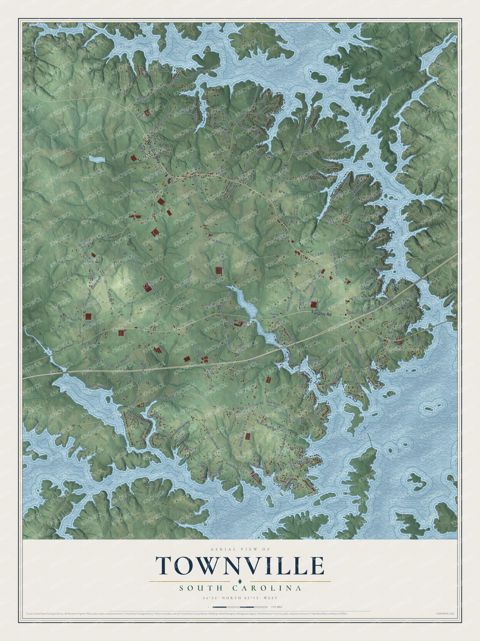 Full map of Townville, South Carolina, with red buildings, printed street names and the land around them