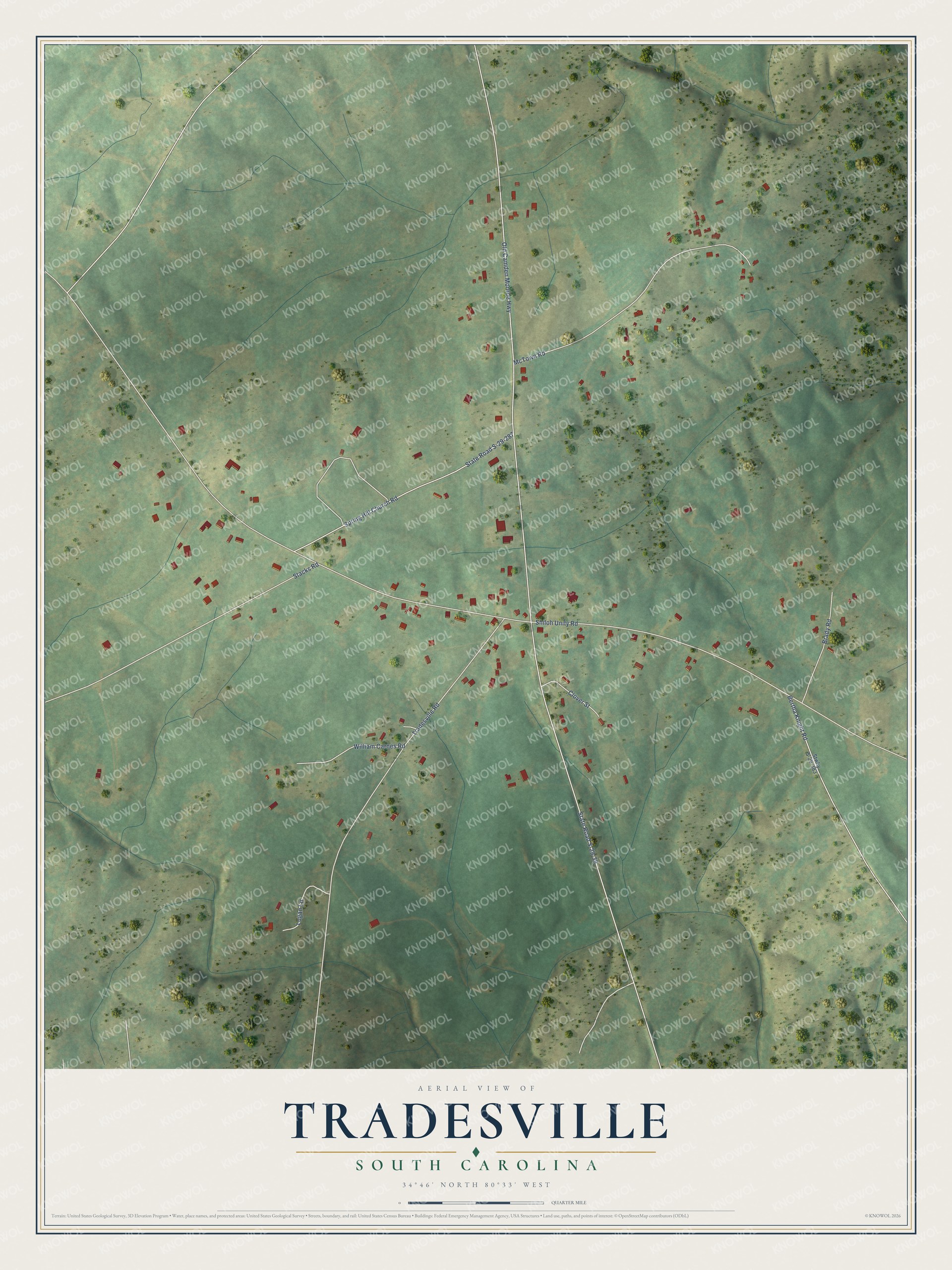 Full map of Tradesville, South Carolina, with red buildings, printed street names and the land around them