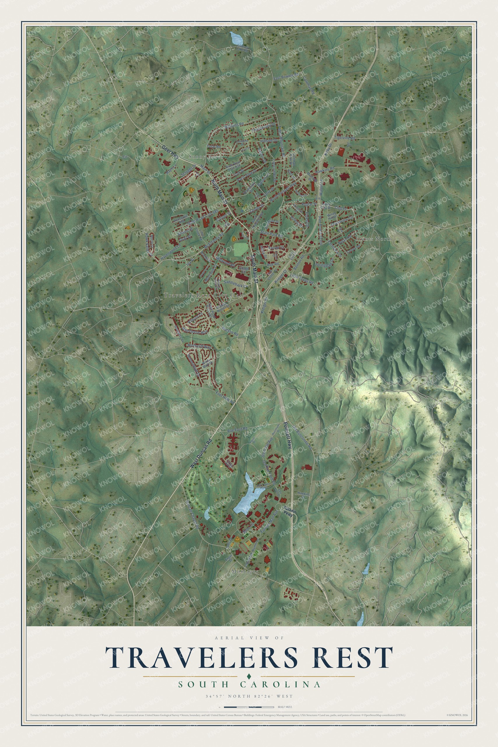 Full map of Travelers Rest, South Carolina, with red buildings, printed street names and the land around them