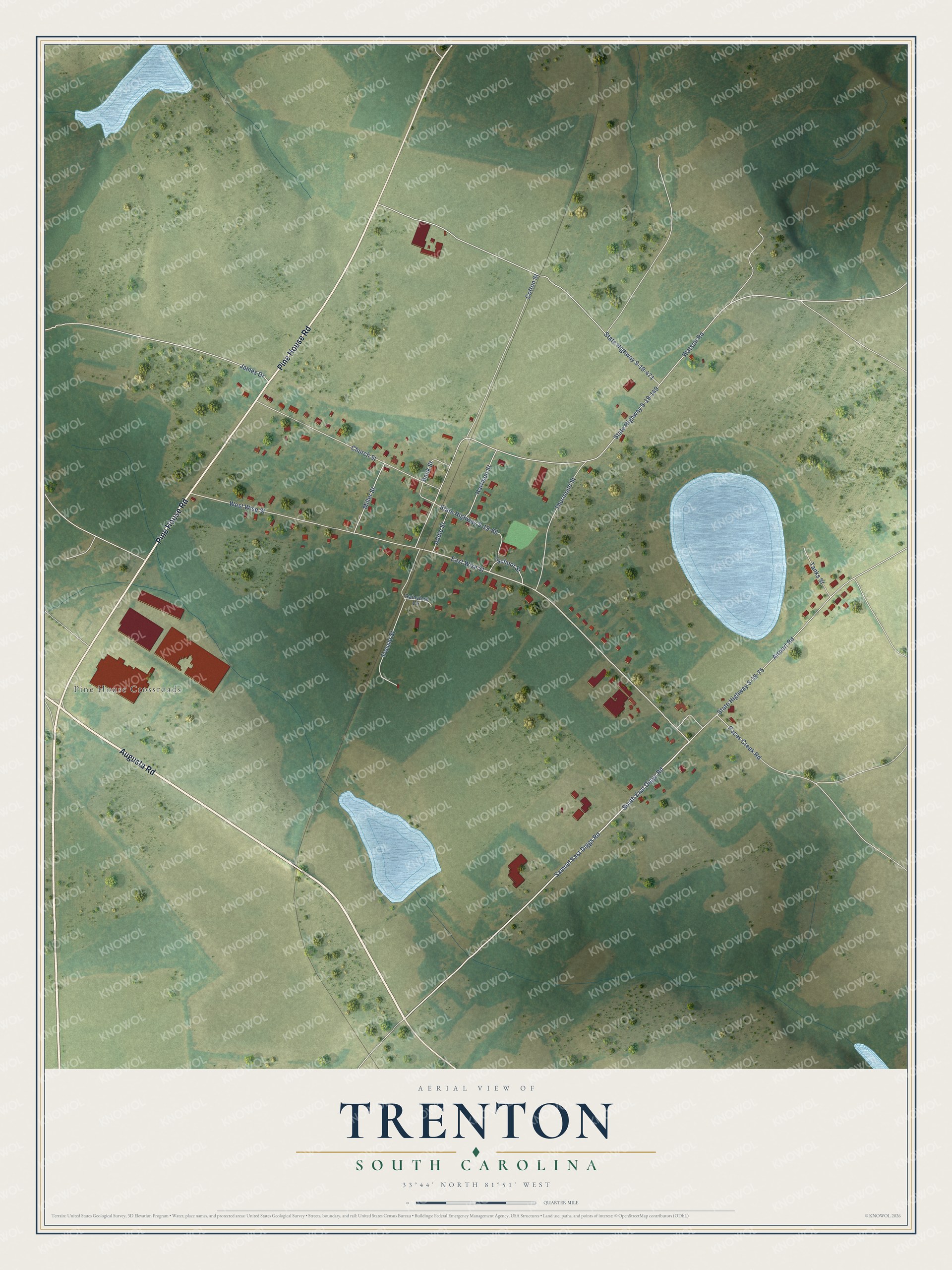 Full map of Trenton, South Carolina, with red buildings, printed street names and the land around them