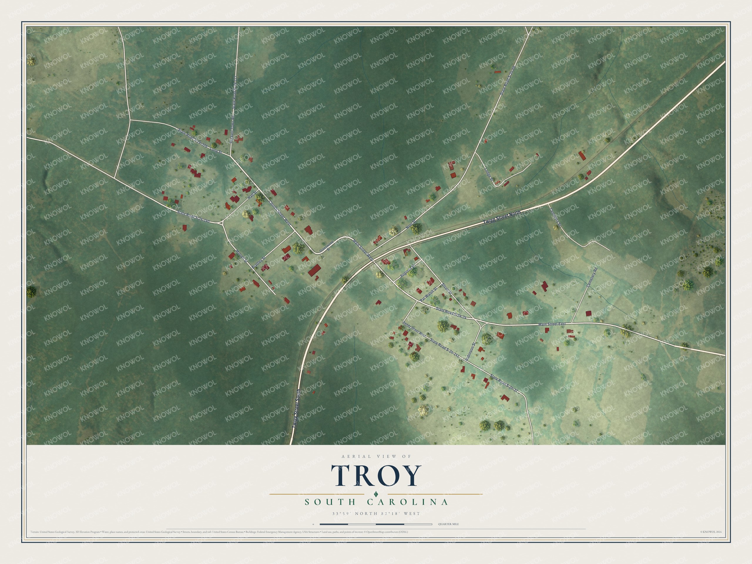 Full map of Troy, South Carolina, with red buildings, printed street names and the land around them