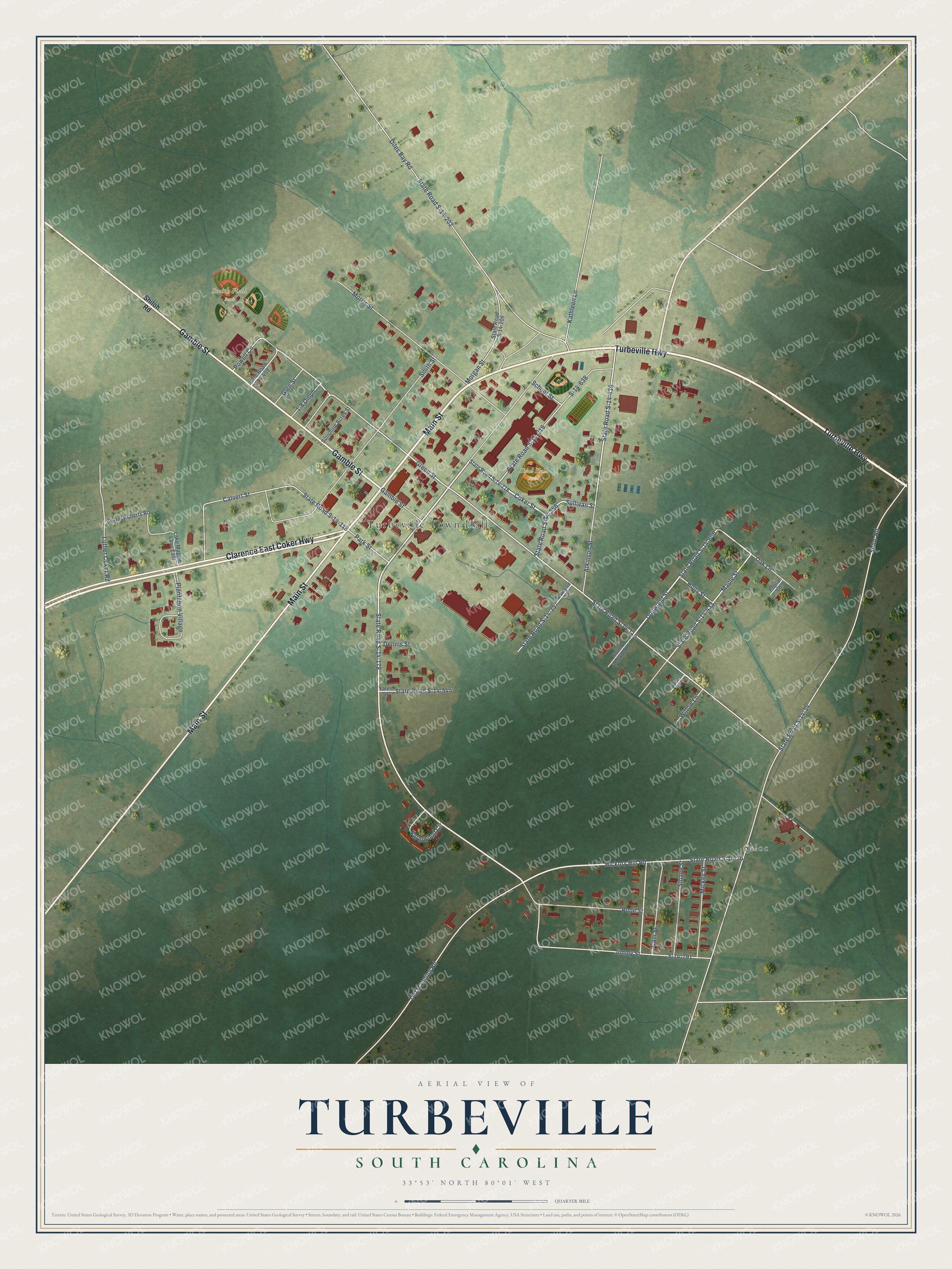 Full map of Turbeville, South Carolina, with red buildings, printed street names and the land around them